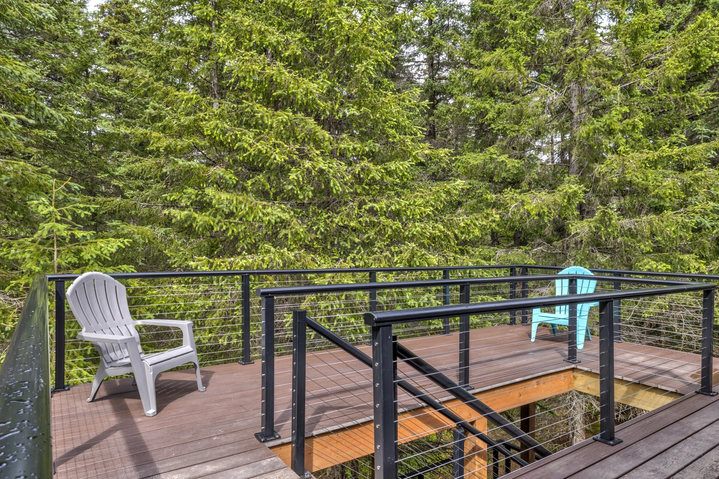A deck with chairs and a railing, surrounded by tall green trees.