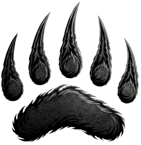 Illustration of a wolf paw with five claws above it, all in black and gray tones.