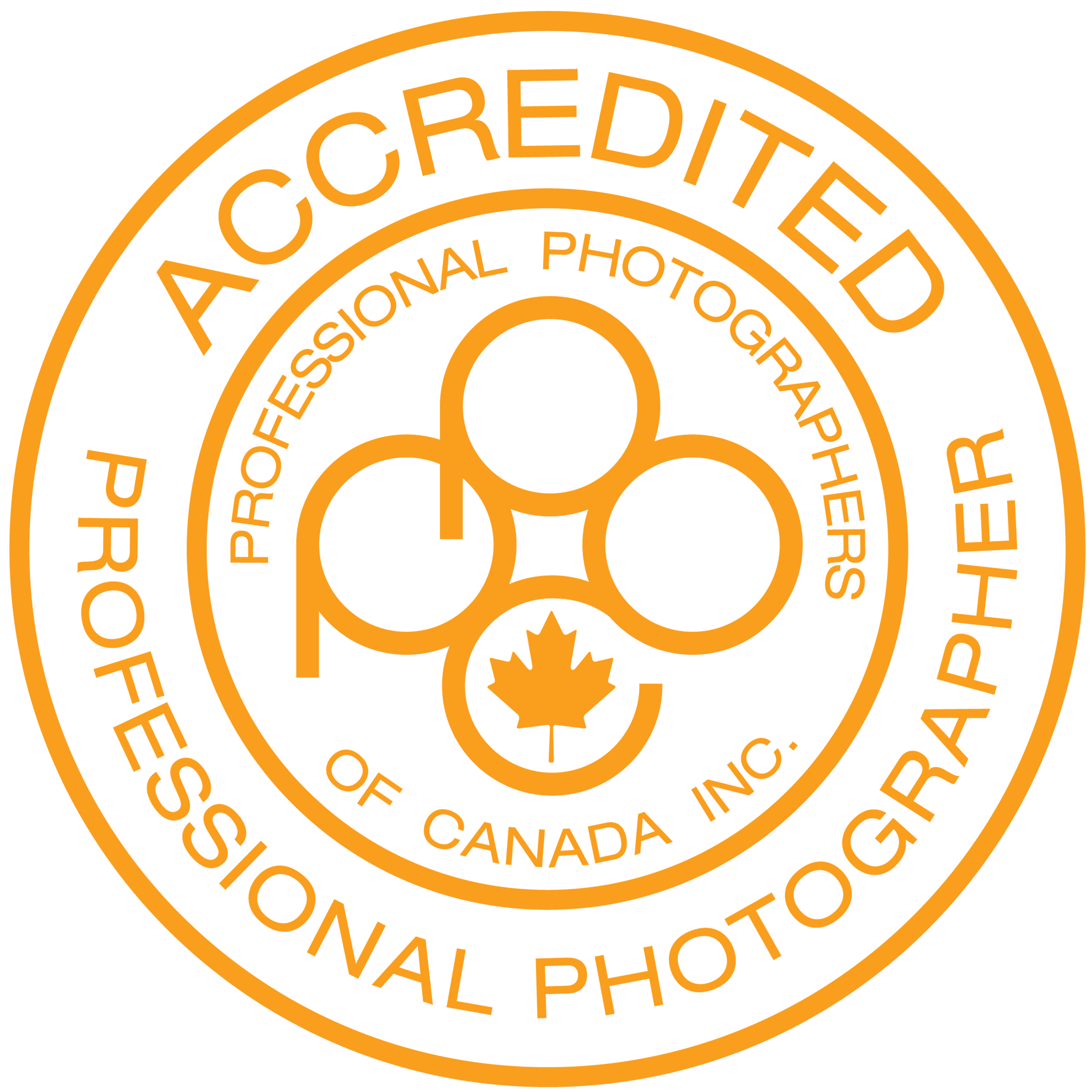 Close-up of a circular accreditation stamp in orange color, with text indicating it is a professional photographic organization based in Canada.