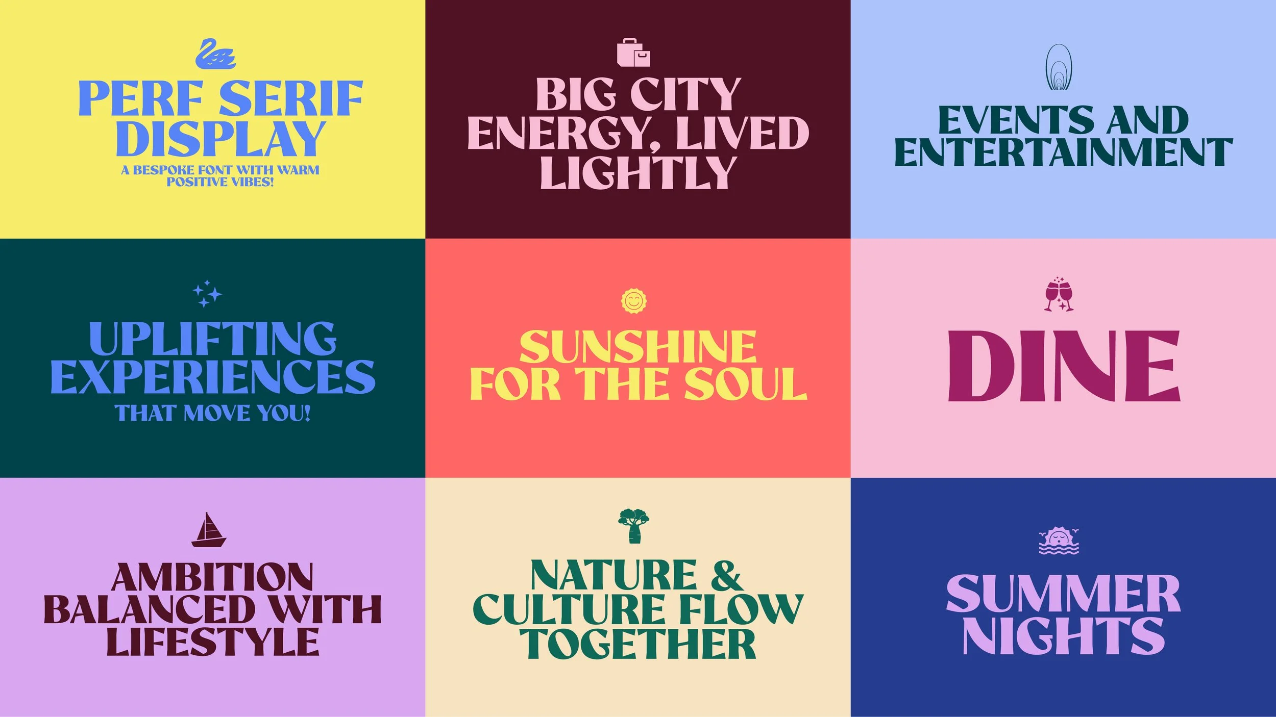 Colorful graphic design with various positive and energetic phrases about lifestyle, entertainment, nature, and experiences, each in different font styles and colors.