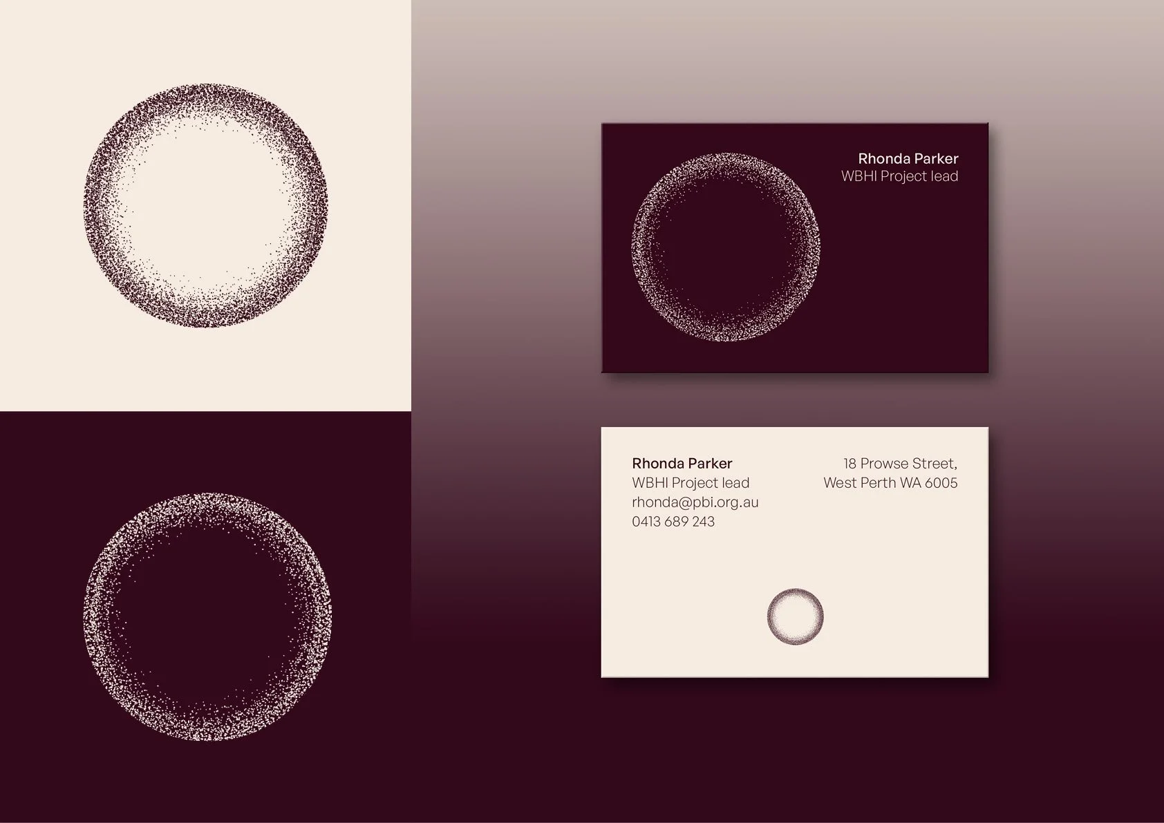 Business cards with a circular dotted design in shades of maroon and beige. One card displays the name Rhonda Parker, her position, and contact details, while the other has a similar circular design.