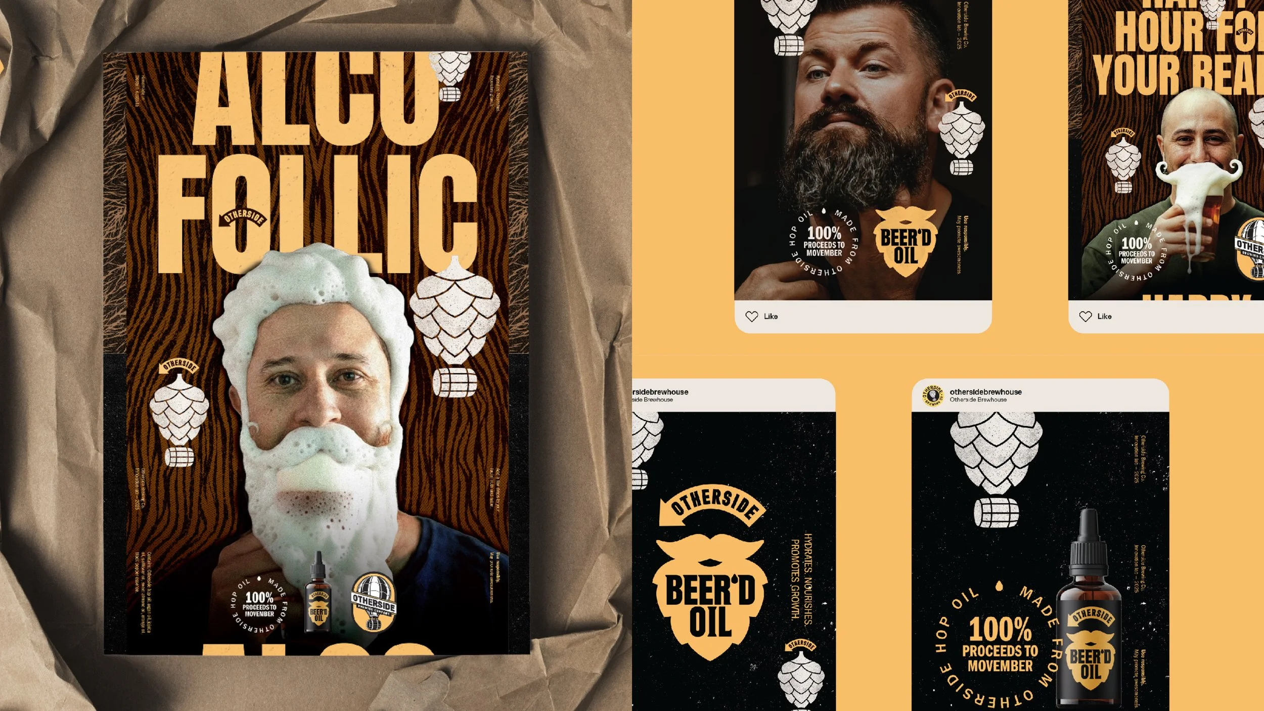 Box labeled 'Alcoholic Foam' with an image of a man with soap foam beard, surrounded by graphic hops and beer-related icons, promoting beer d oil proceeds to Movember.