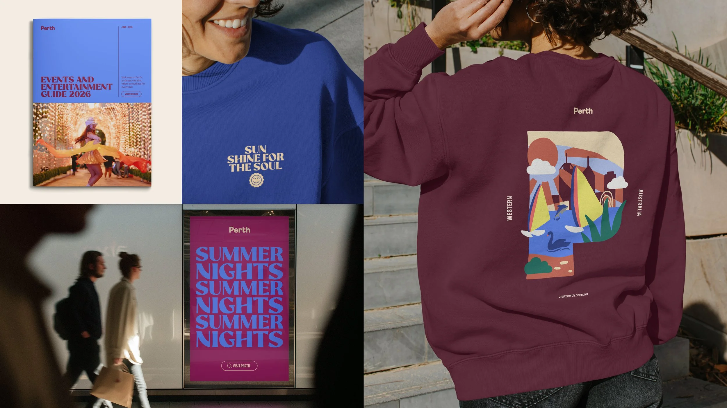 A collage of images including promotional posters for events in Perth, a person wearing a blue t-shirt with the slogan "Sun Shine for the Soul," and a woman in a mauve hoodie with a colorful graphic of a coastal landscape, sailboats, and a swan on th