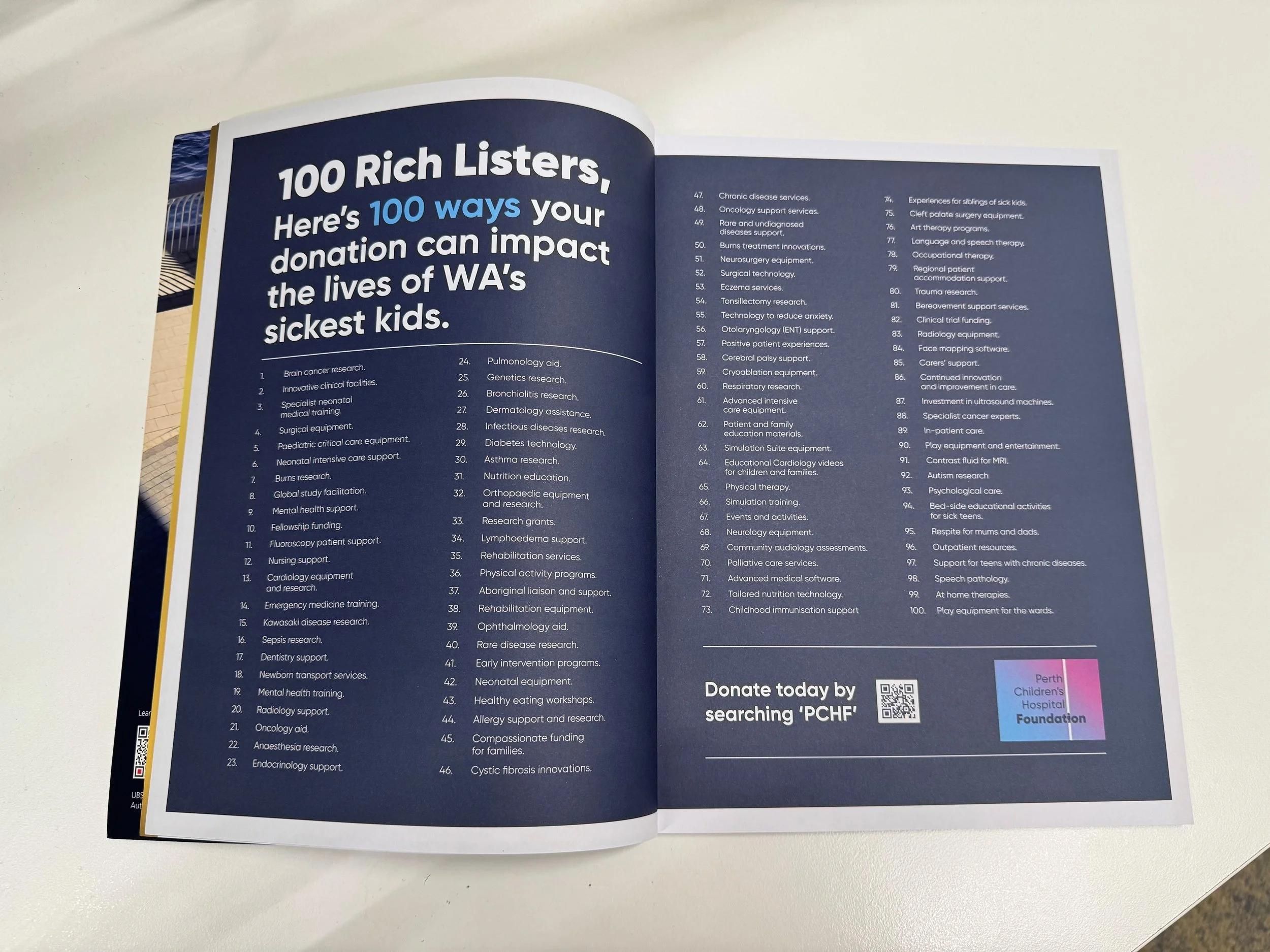 A magazine open to a page titled "100 Rich Listeners, Here's 100 ways your donation can impact the lives of WA's sickest kids." The list includes various medical and health research categories, with a QR code and a logo for Perth Children's Hospital 
