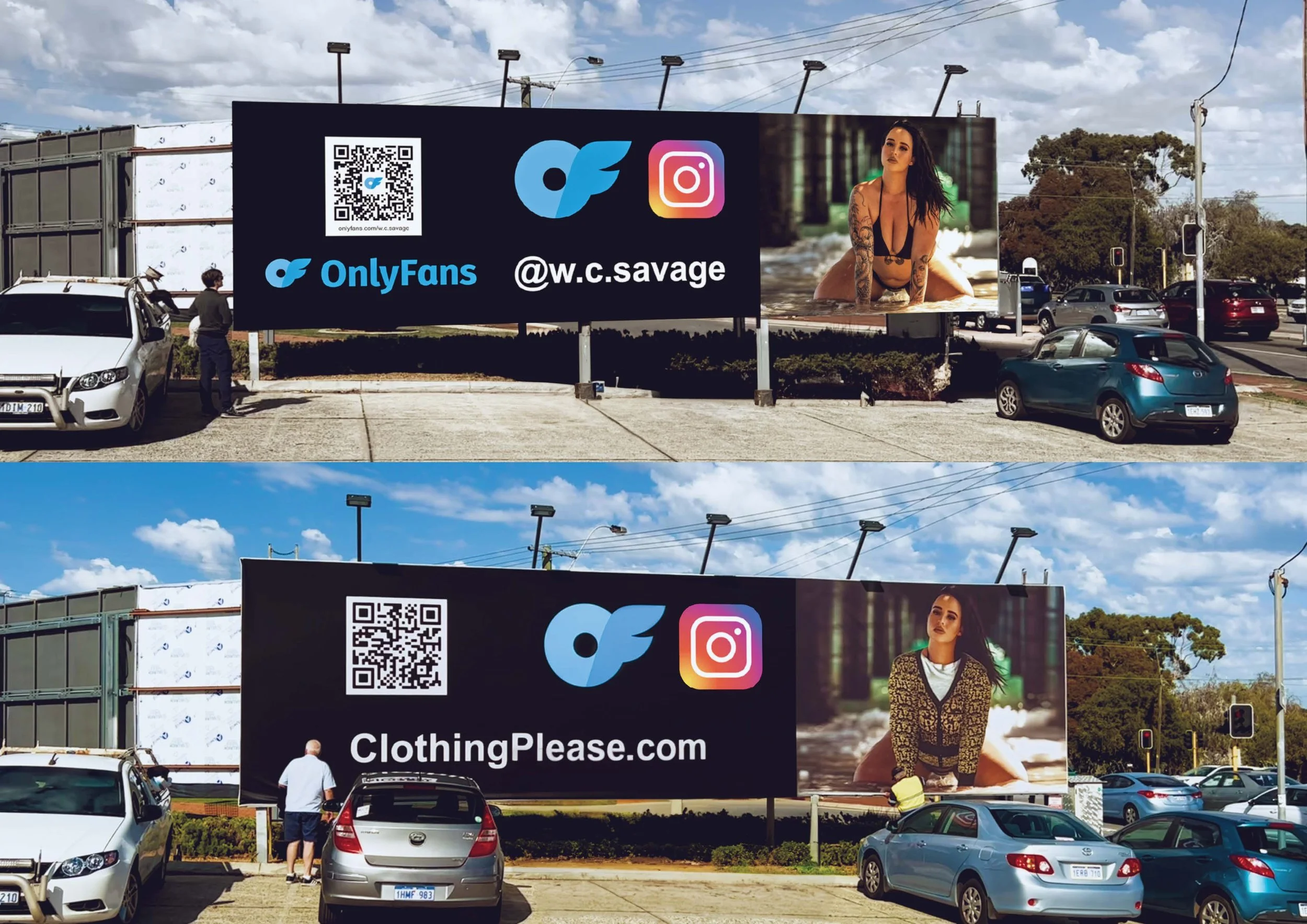Billboard advertising social media accounts and website for 'ClothingPlease.com'. The billboard features logos for OnlyFans and Instagram, along with a QR code. The billboard also displays images of women, including one woman in a bikini and another 