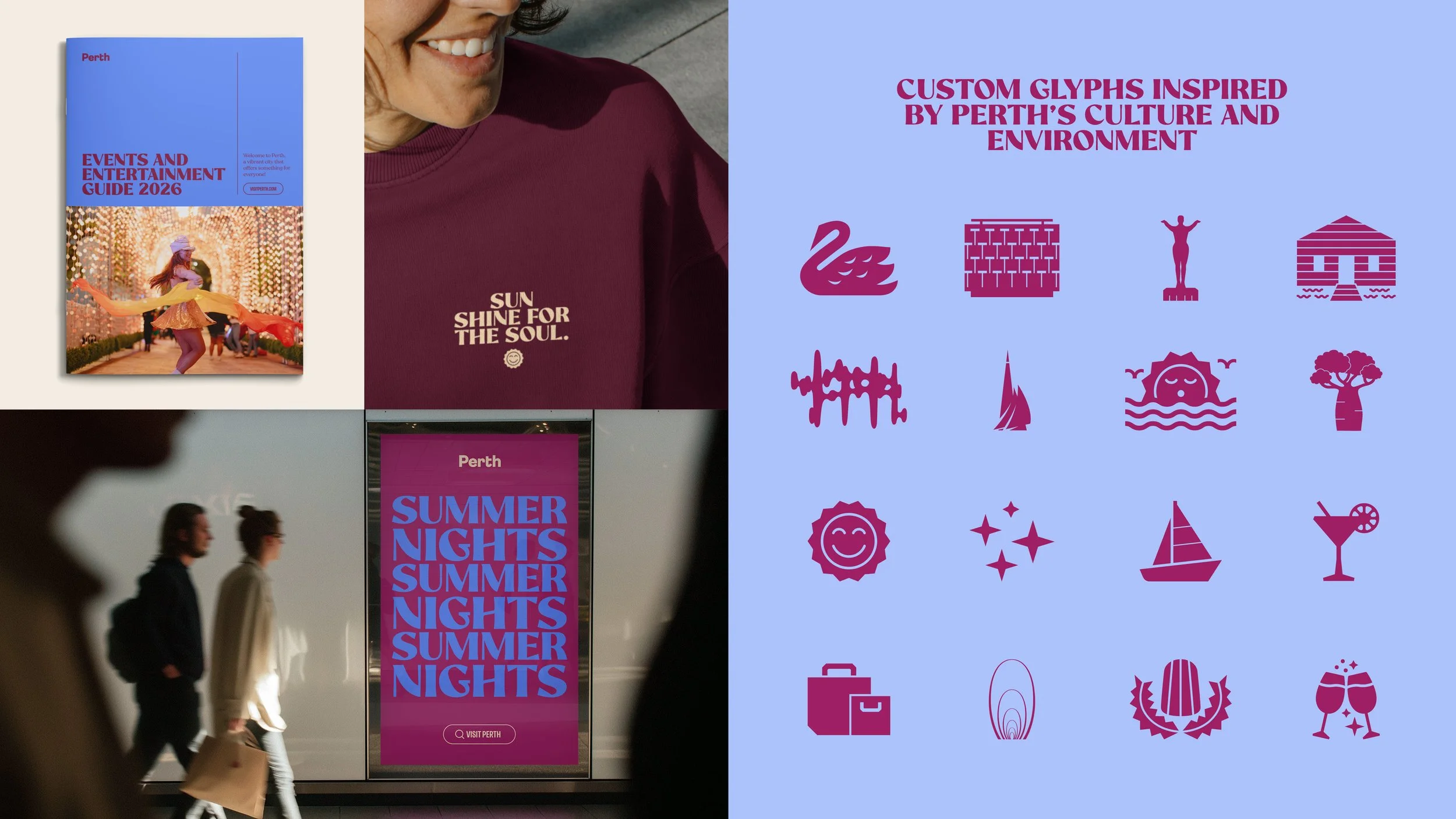 The image is a collage with a top left showing a booklet titled 'Events and Entertainment Guide 2026' with a picture of a girl dancing among festive lights. The center shows a woman wearing a maroon shirt with the phrase 'Sun Shine for the Soul.' The