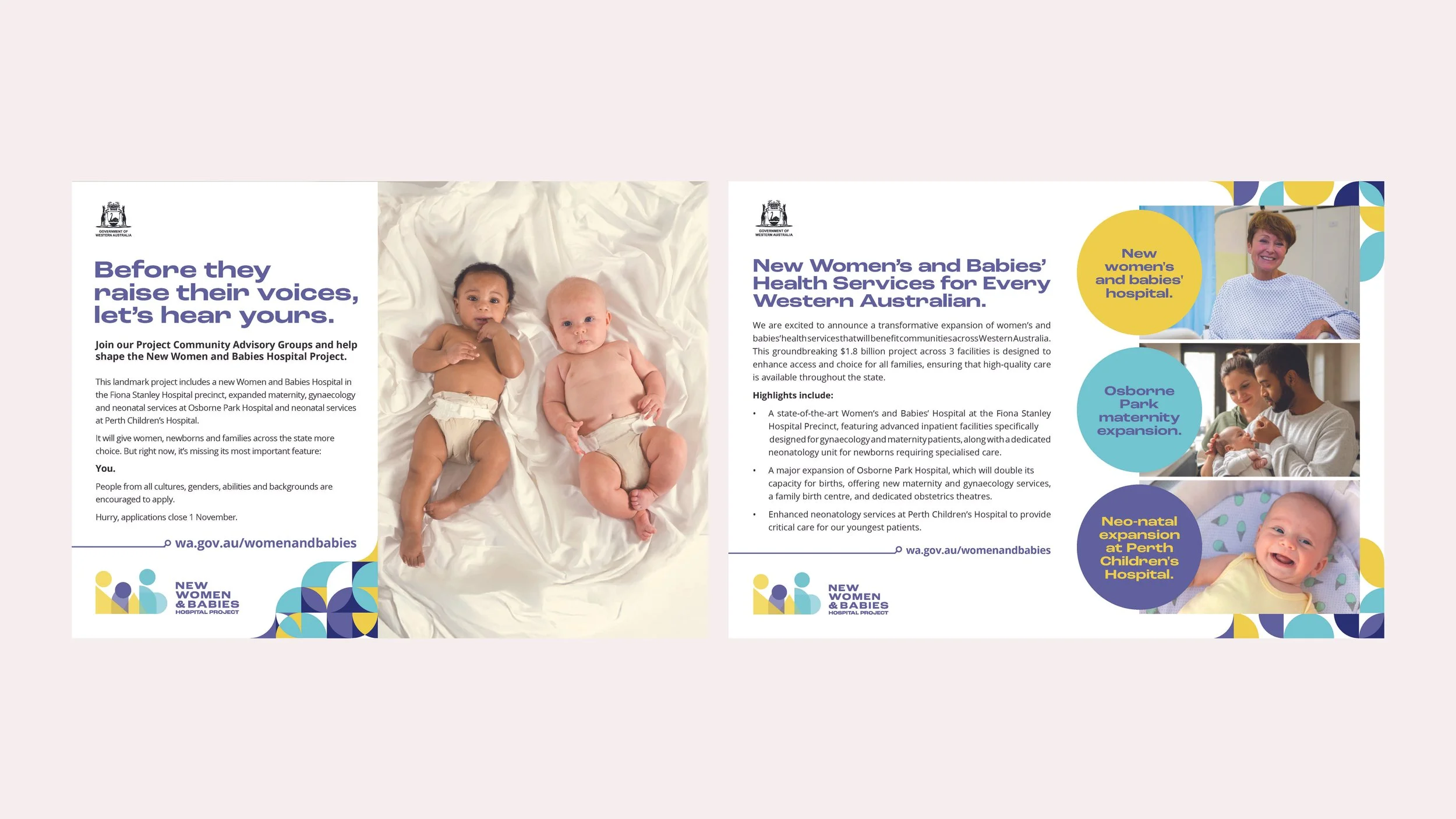Brochure page from the Western Australia government about women and babies' health services, featuring text and images of newborns, a woman in a hospital gown, and a family with a baby.