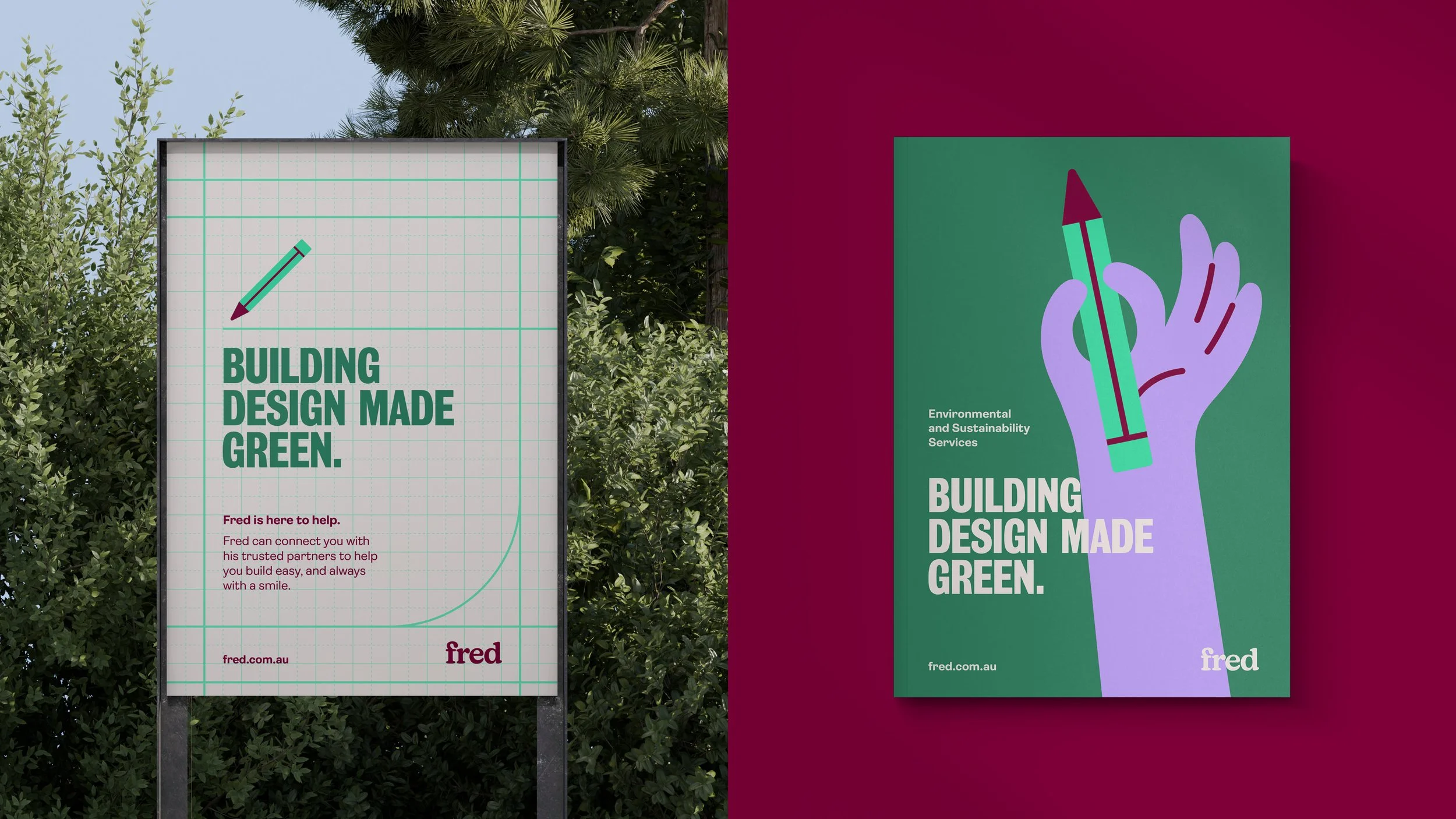 Outdoor display boards promoting building design made green, one with a white background and green text, the other with a green background and purple illustration of a hand holding a pencil.