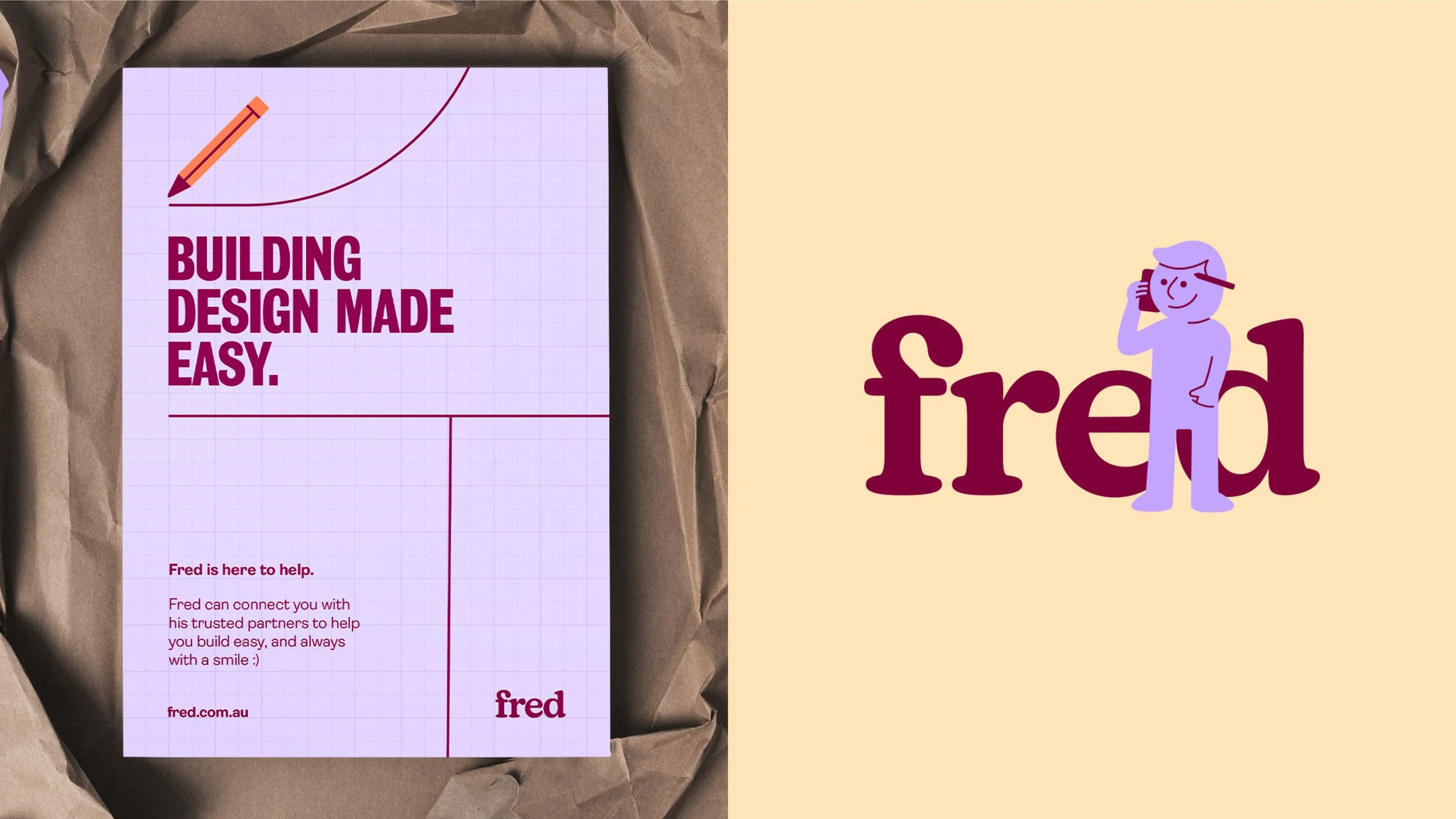 A printed flyer from fred.com.au with the slogan 'Building design made easy.' on a light purple grid background, partially obscured by crumpled brown paper and met with a cartoon illustration of a person with short light purple hair, smiling and hold
