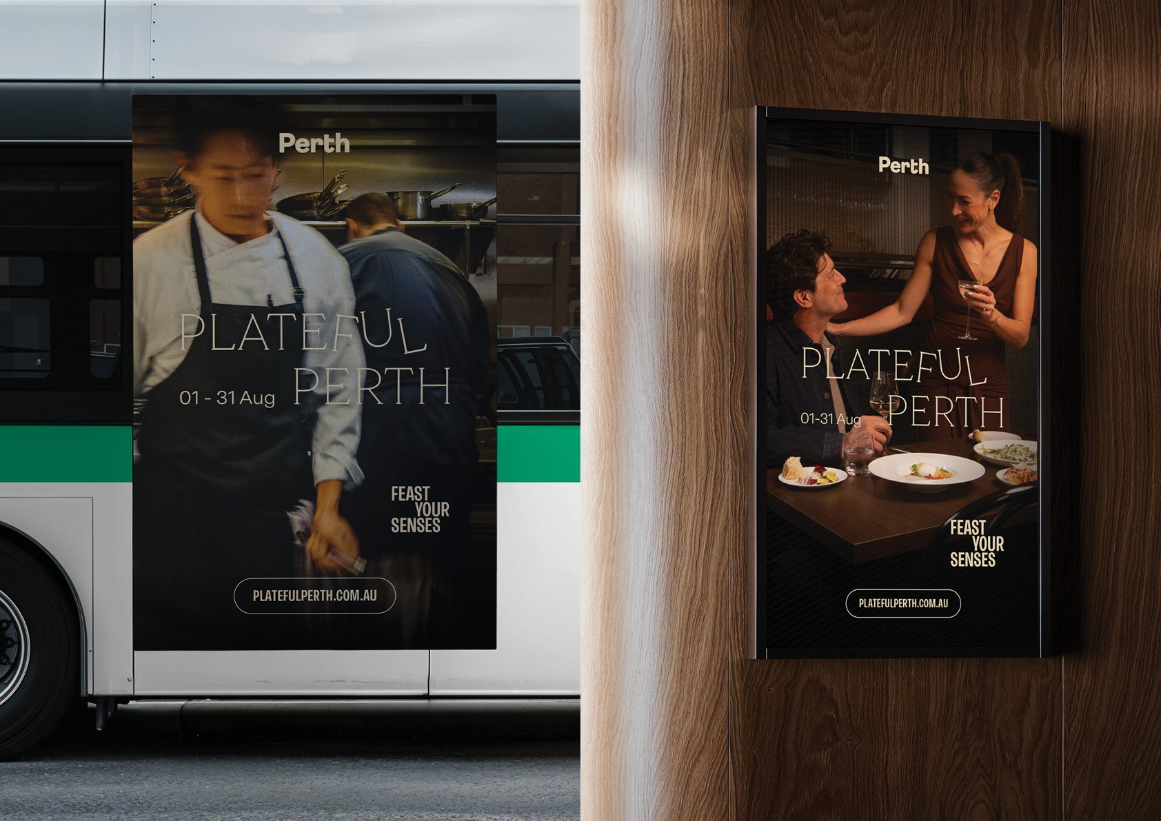 Two posters on a wooden wall advertising a food event titled 'PLATEFUL PERTH' happening from August 1st to 31st, with the tagline 'FEAST YOUR SENSES.' The left poster shows a blurred image of a chef in a kitchen, while the right poster shows a woman 