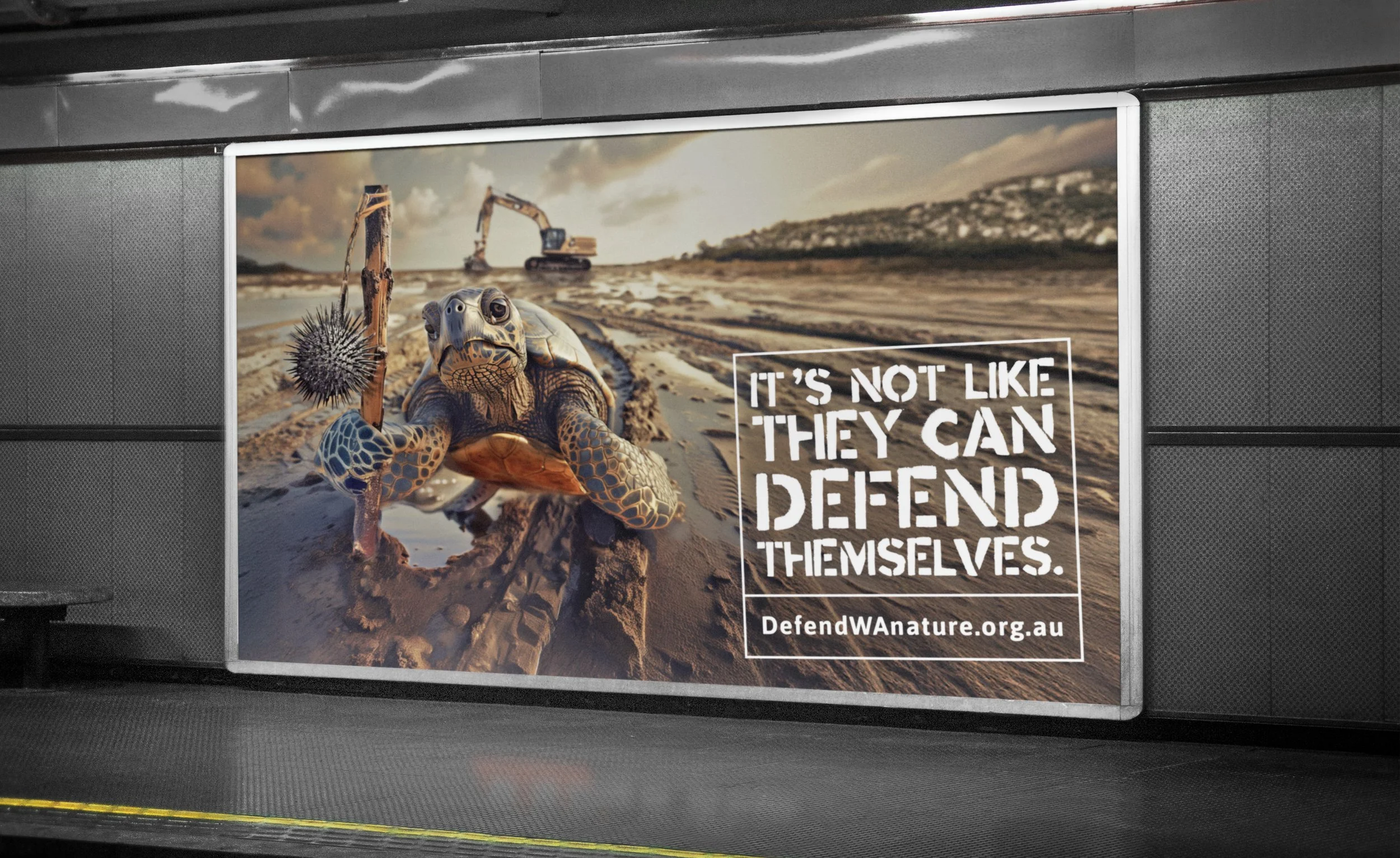 Poster showing a turtle on a beach with excavator in the background and a sign that reads "It 's not like they can defend themselves." and the website address DefendWAnature.org.au.