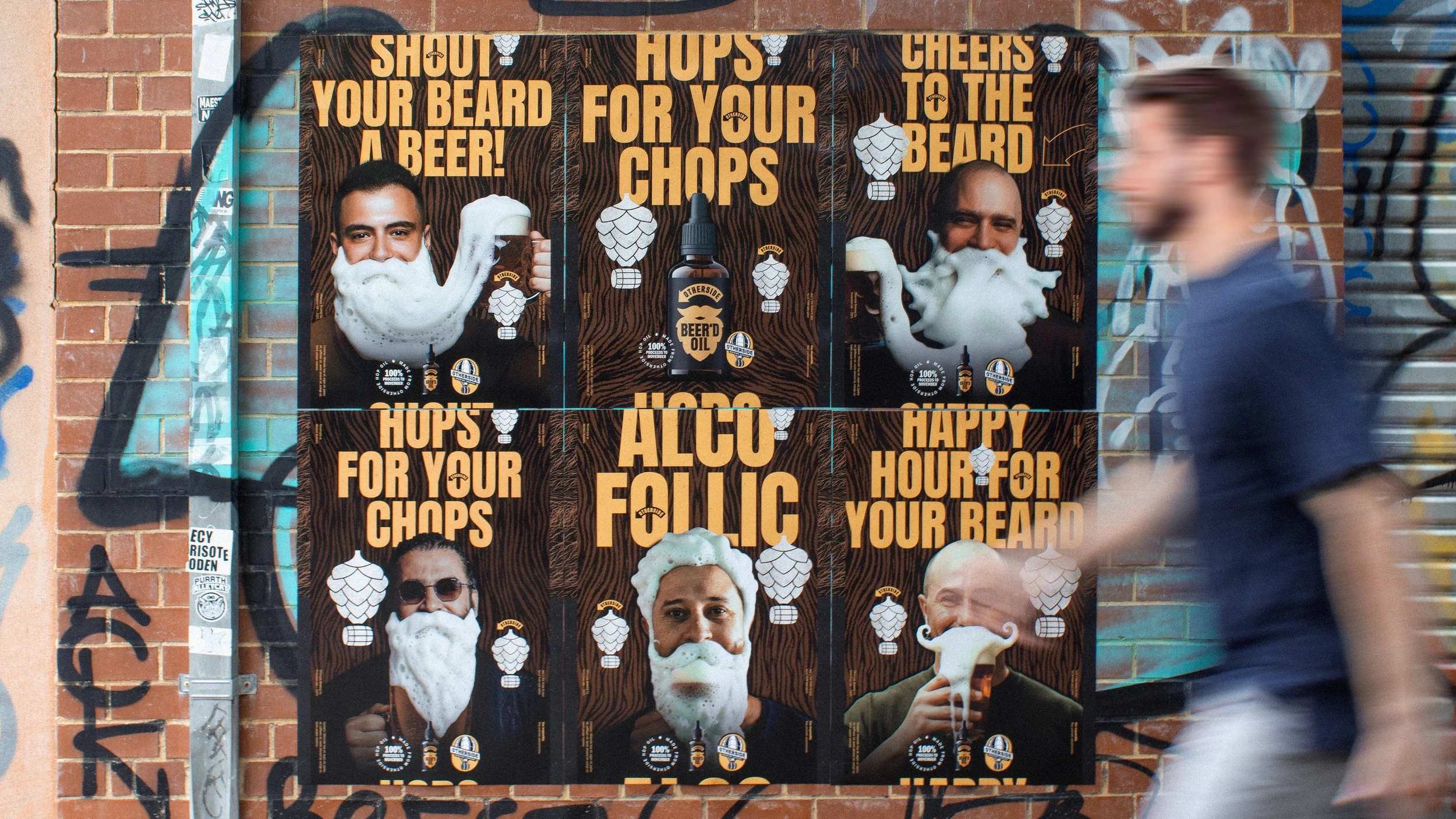 A poster with a wood grain background and bold orange text reading "Hops for your Chops," "Shout your beard a beer!" "Cheers to the beard," and "Alc for elc," featuring images of men with foam or beer in their beards, promotional for beard grooming w