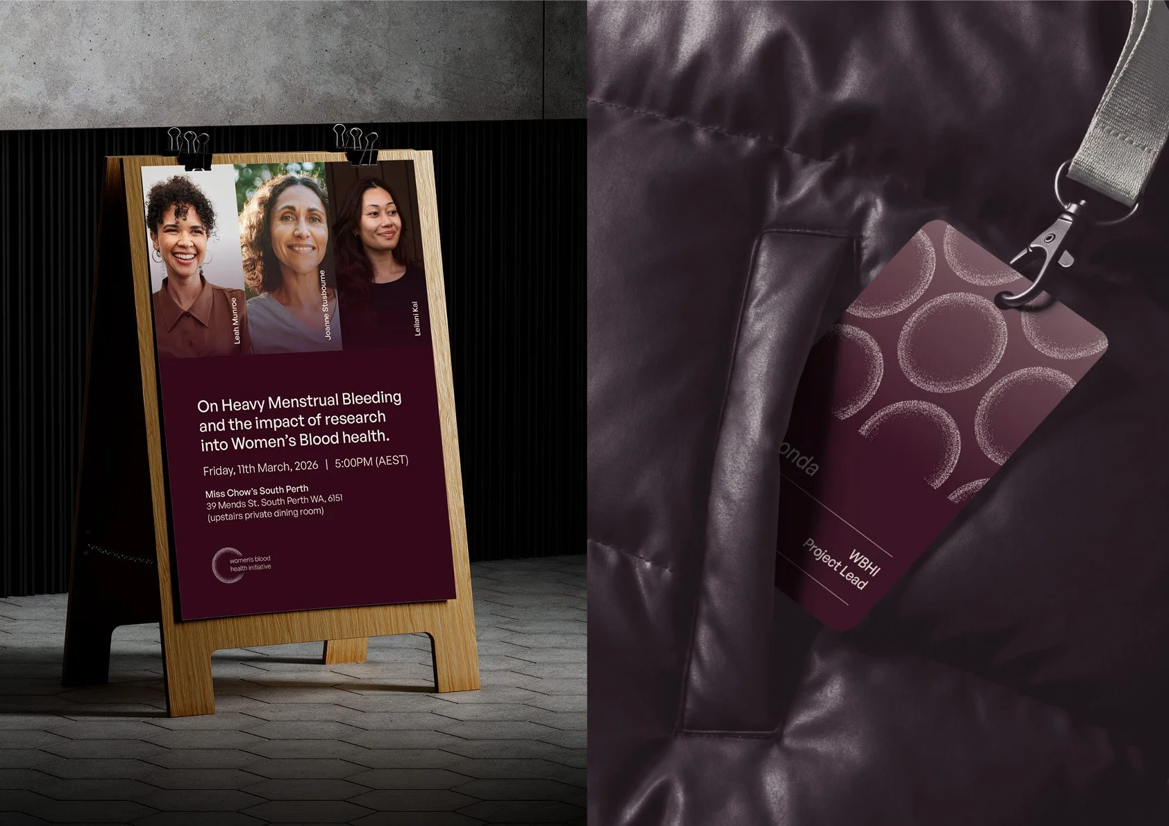 A wooden stand displaying a poster about a women's health event, with photos of three women and details about the date, time, and location. To the right, a person's hand holds a purple card with circular patterns and text indicating a project lead fo