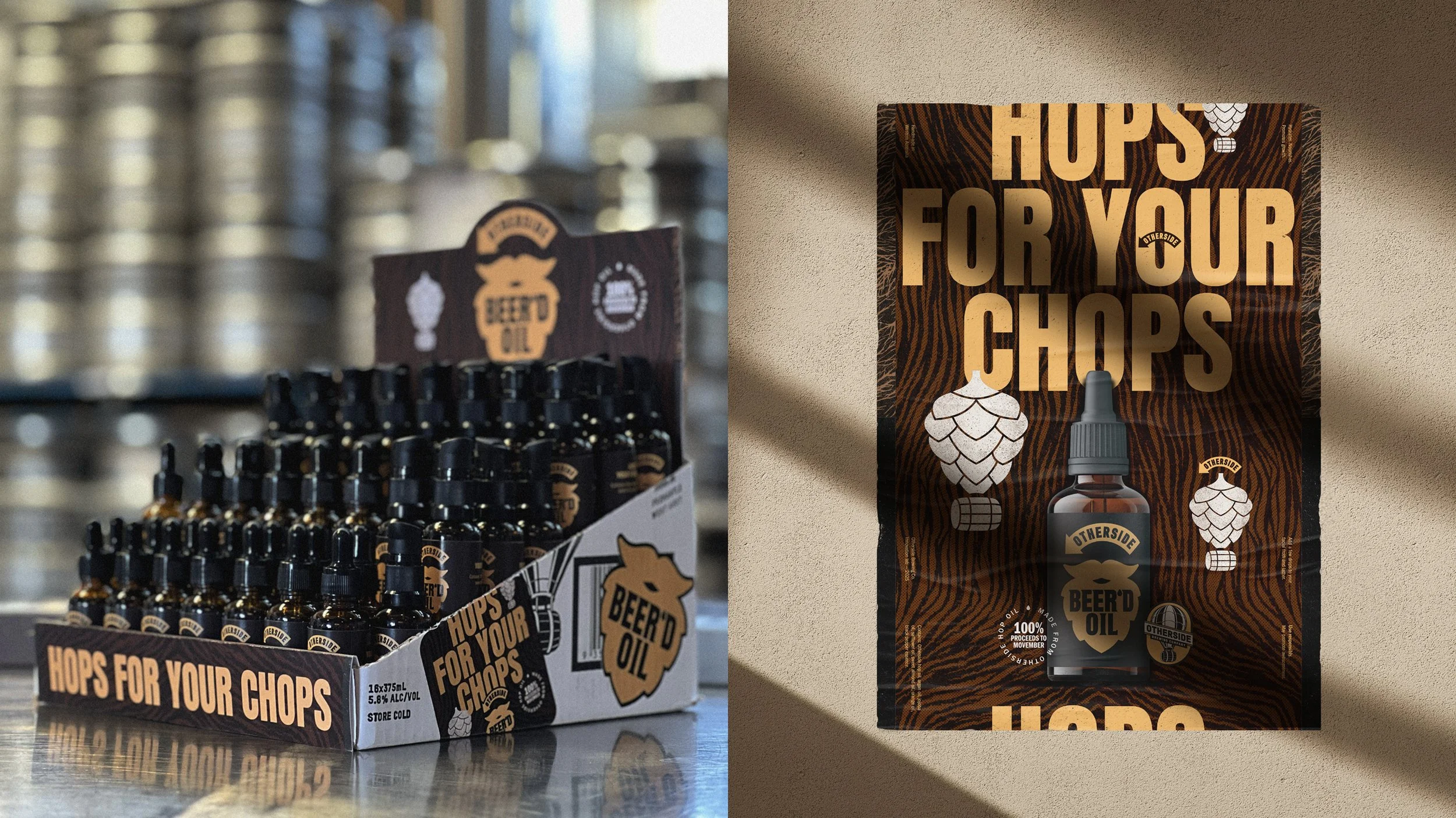 Display of beer hop oil bottles and packaging with a label reading "Hops for Your Chops" featuring hop cone illustrations, in a retail setting and on a wall