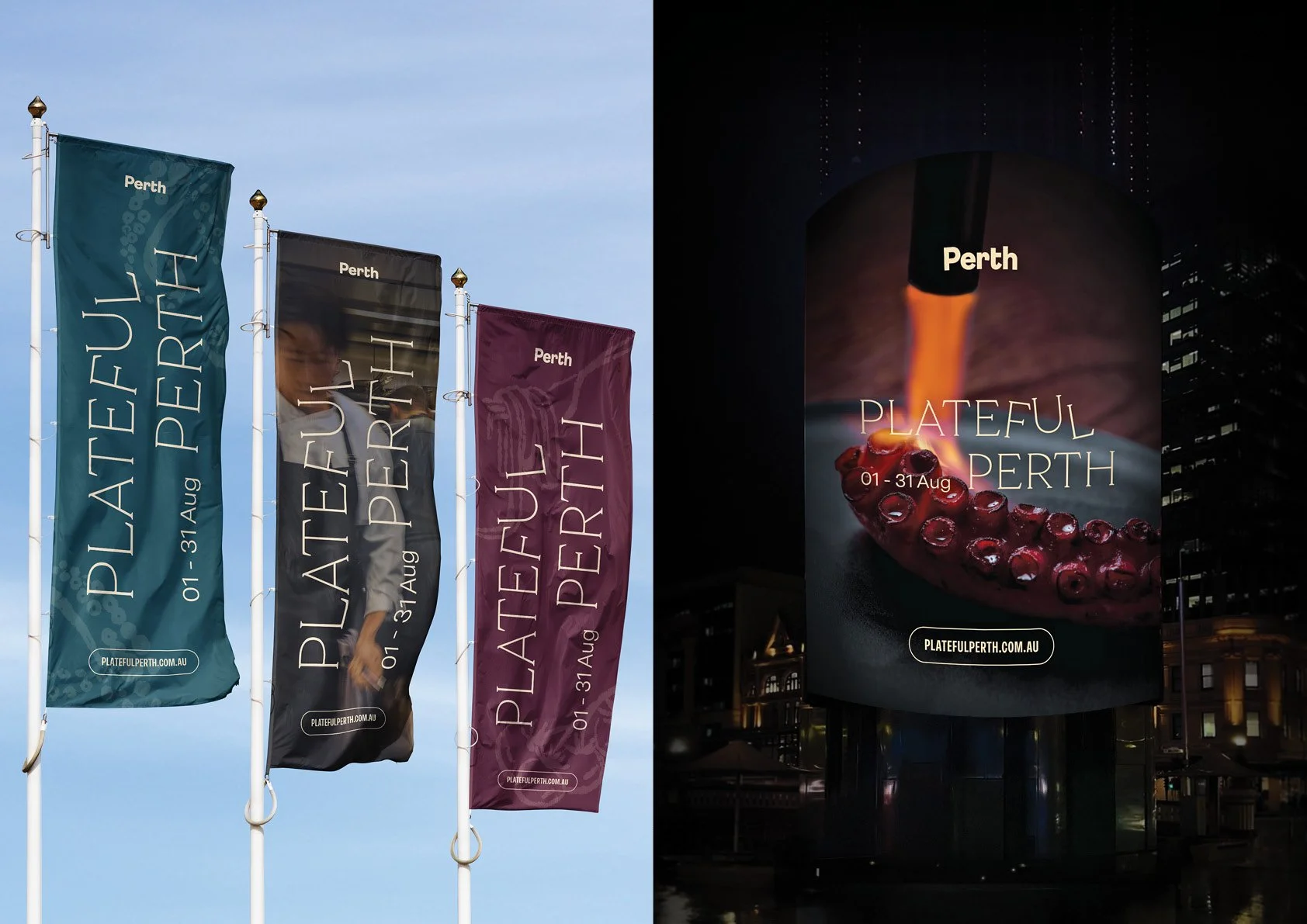 Three flags and a billboard advertising a Perth event from August 1 to August 31. The flags say 'Plateful Perth' with different colored backgrounds, and the billboard shows a tentacle from an octopus being poured with sauce.