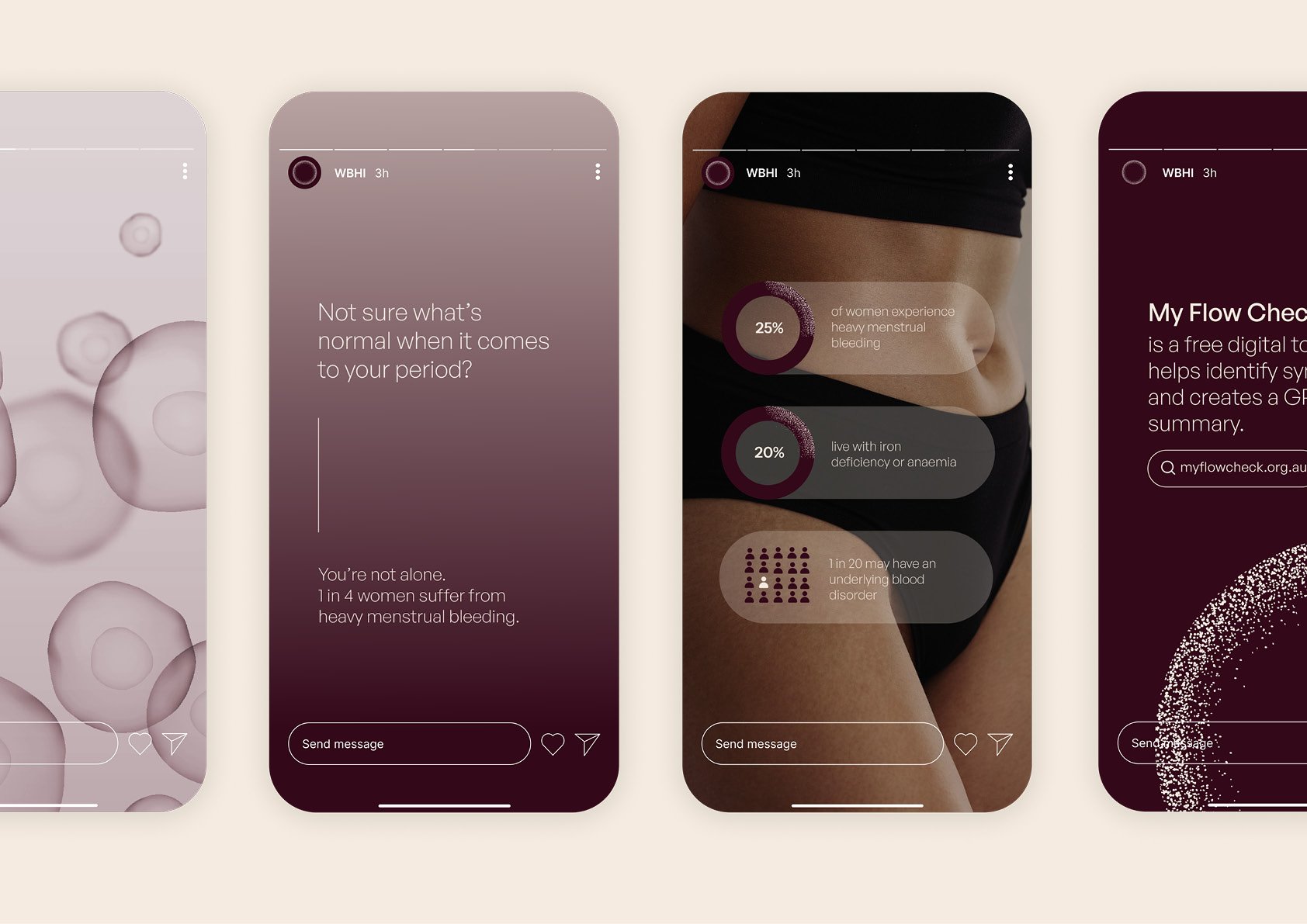 Multiple smartphone screens displaying health and wellness information related to women's health, including menstrual bleeding and iron deficiency statistics, with a focus on digital tracking and awareness.