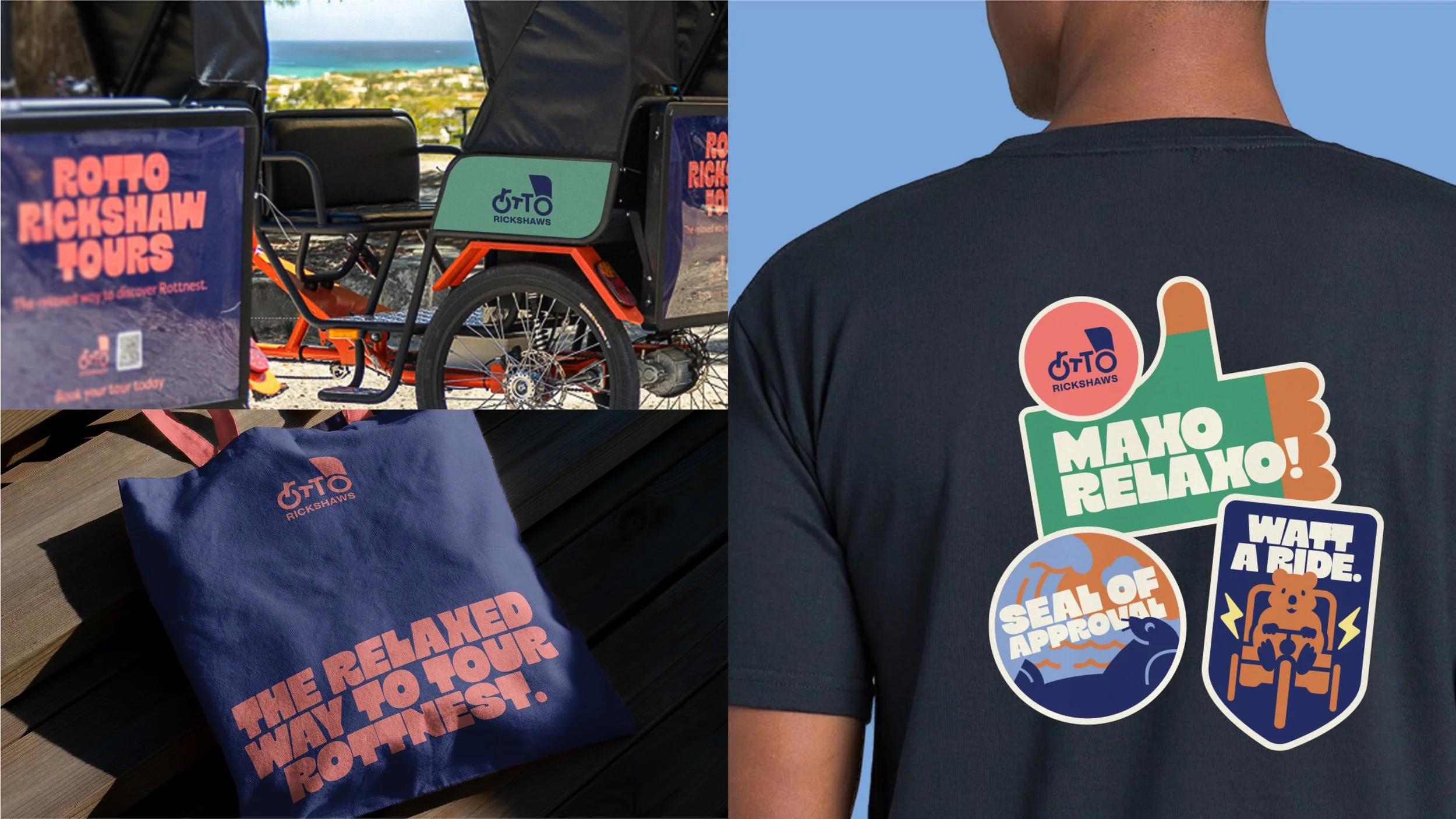 A collage of images promoting Rickshaw Tours in Rottnest, including a rickshaw parked on a scenic overlook, promotional stickers, and a person wearing a black t-shirt with colorful stickers. The promotional stickers feature phrases like 'Mako Relaxo!