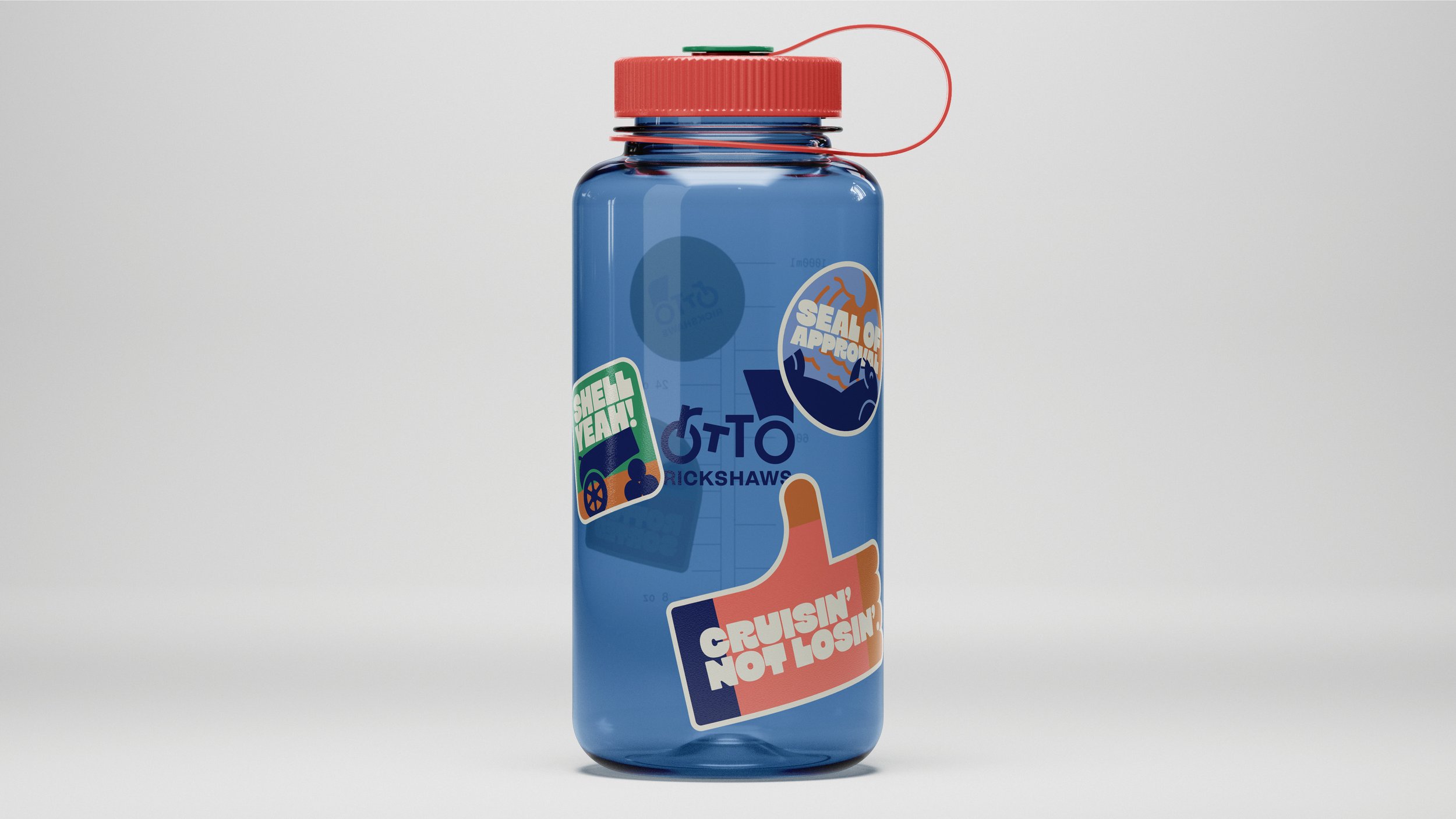 Blue plastic water bottle with a red cap and various stickers, including one that says 'Seal of Approval' and another with the text 'Crunch Wosin' and 'Cruisin Not Losin'.'