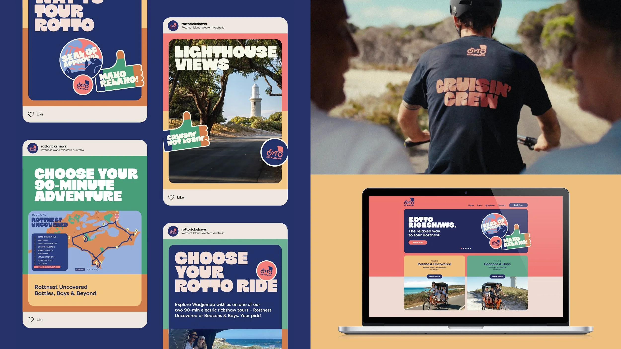A collage of digital graphics promoting a bike tour called ROTO Rickshaws on Rottnest Island, Western Australia. The graphics include slogans like "Seal of Approval," "Maho Relaxo!", "Lighthouse Views," and "Choose Your 90-Minute Adventure." A map of
