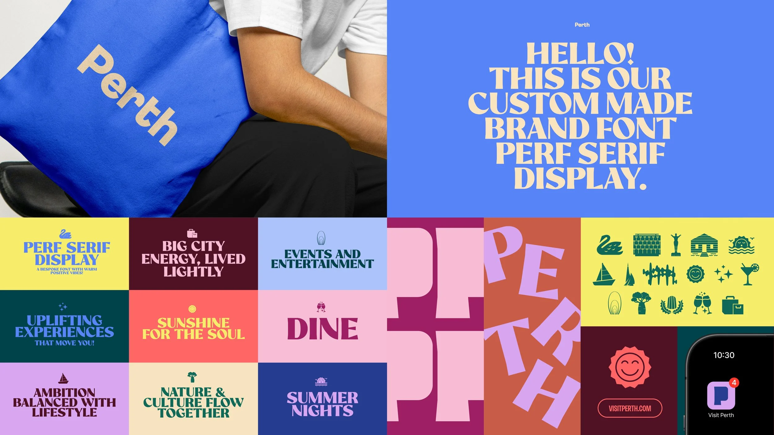 A person holding a blue tote bag with the word 'Perth' printed on it, sitting next to a colorful display of graphic design elements and text about Perth, including phrases like 'HELLO! THIS IS OUR CUSTOM MADE BRAND FONT PERF SERIF DISPLAY,' 'BIG CITY