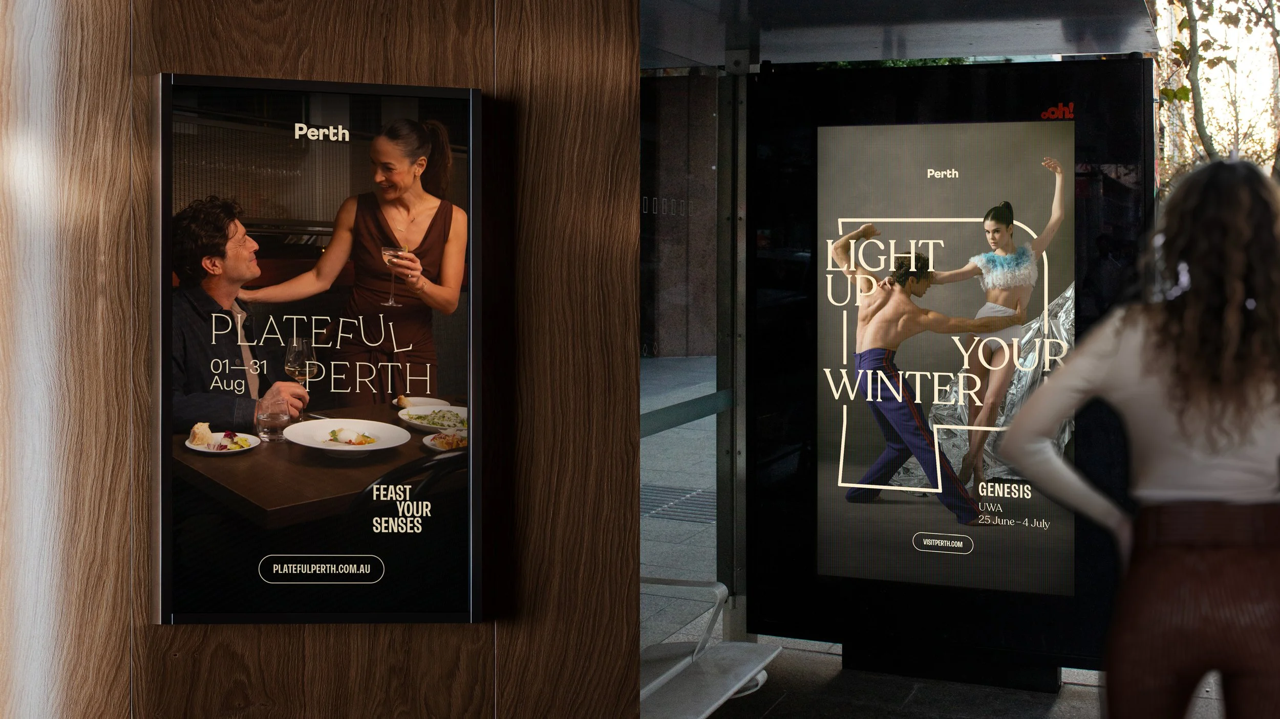 Two posters in a modern indoor setting. The left poster promotes an event called 'Feast Your Senses' at Perth from August 1-31, featuring a photo of a woman serving drinks to a man at a dining table. The right poster promotes an event called 'Light U