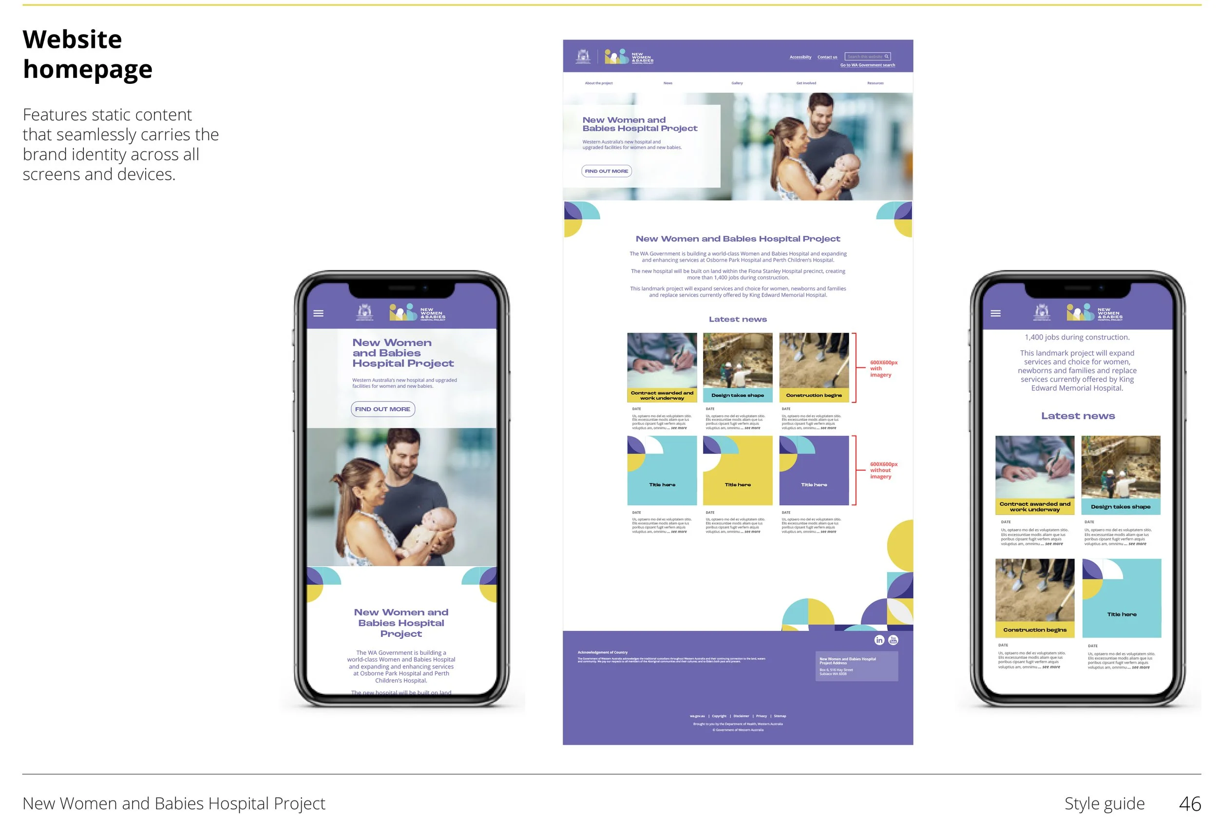 Web page design showing a homepage layout for the New Women and Babies Hospital Project. The layout includes images of a woman holding a baby and a man, with sections displaying news, project updates, and colorful graphic elements.