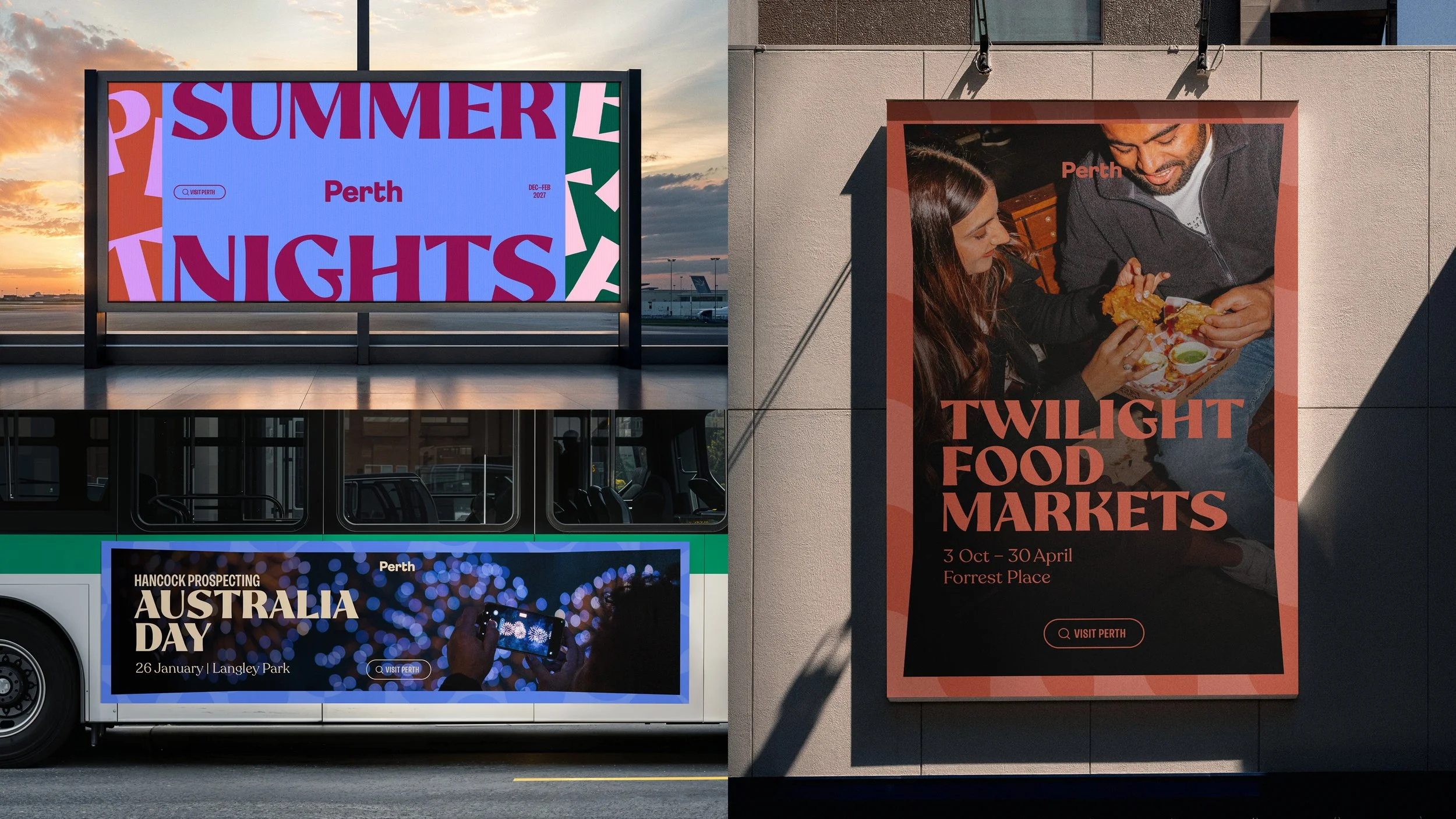 Billboards at an airport, including one promoting Perth Nights event, another about Australia Day, and a third advertising Twilight Food Markets from October 3 to April 30 at Forrest Place.