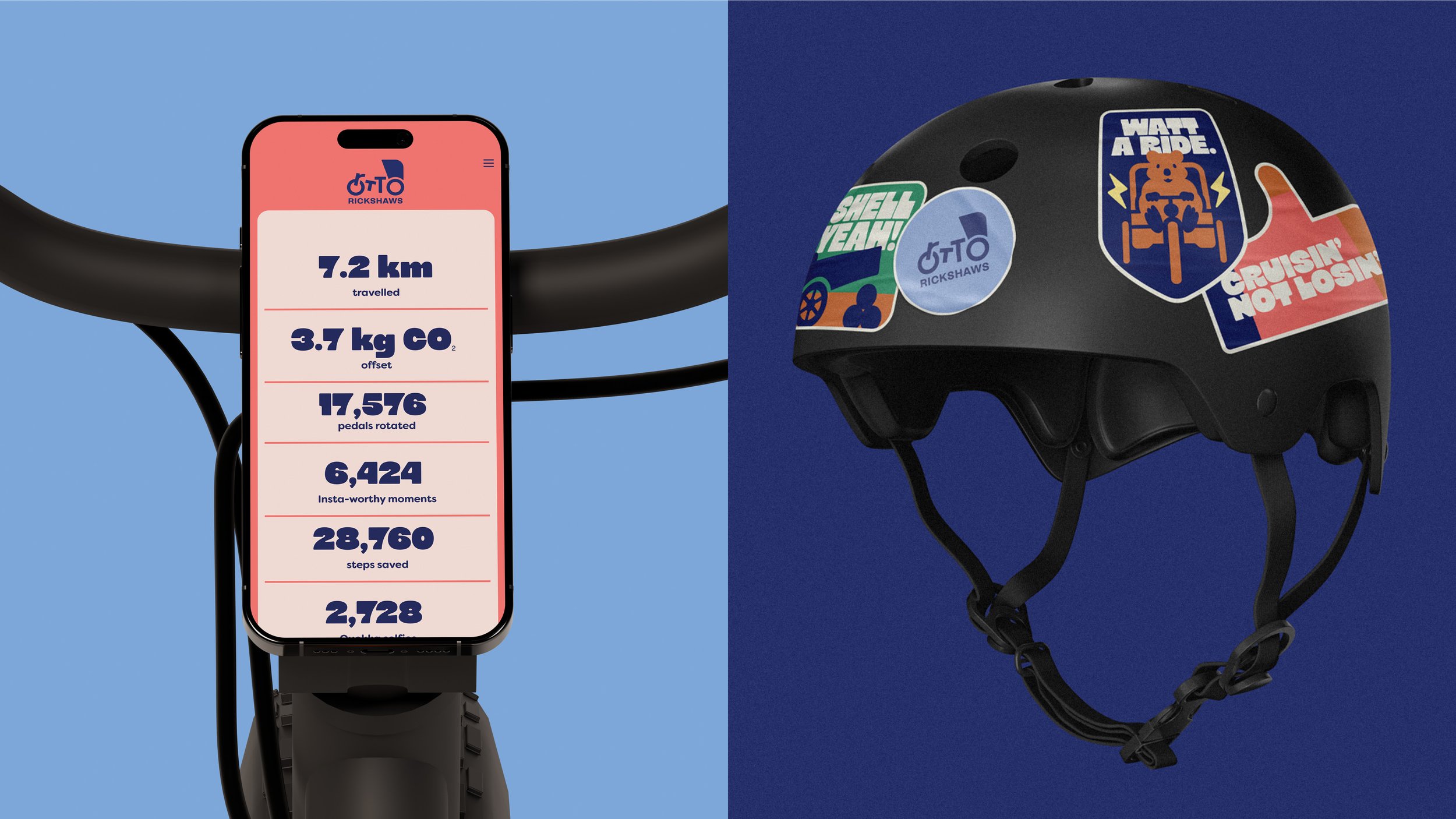 Left side: a smartphone mounted on a bicycle handlebar displaying ride statistics such as distance traveled, calories burned, and steps taken. Right side: a black bicycle helmet decorated with multiple stickers, including one with a bear riding a bik