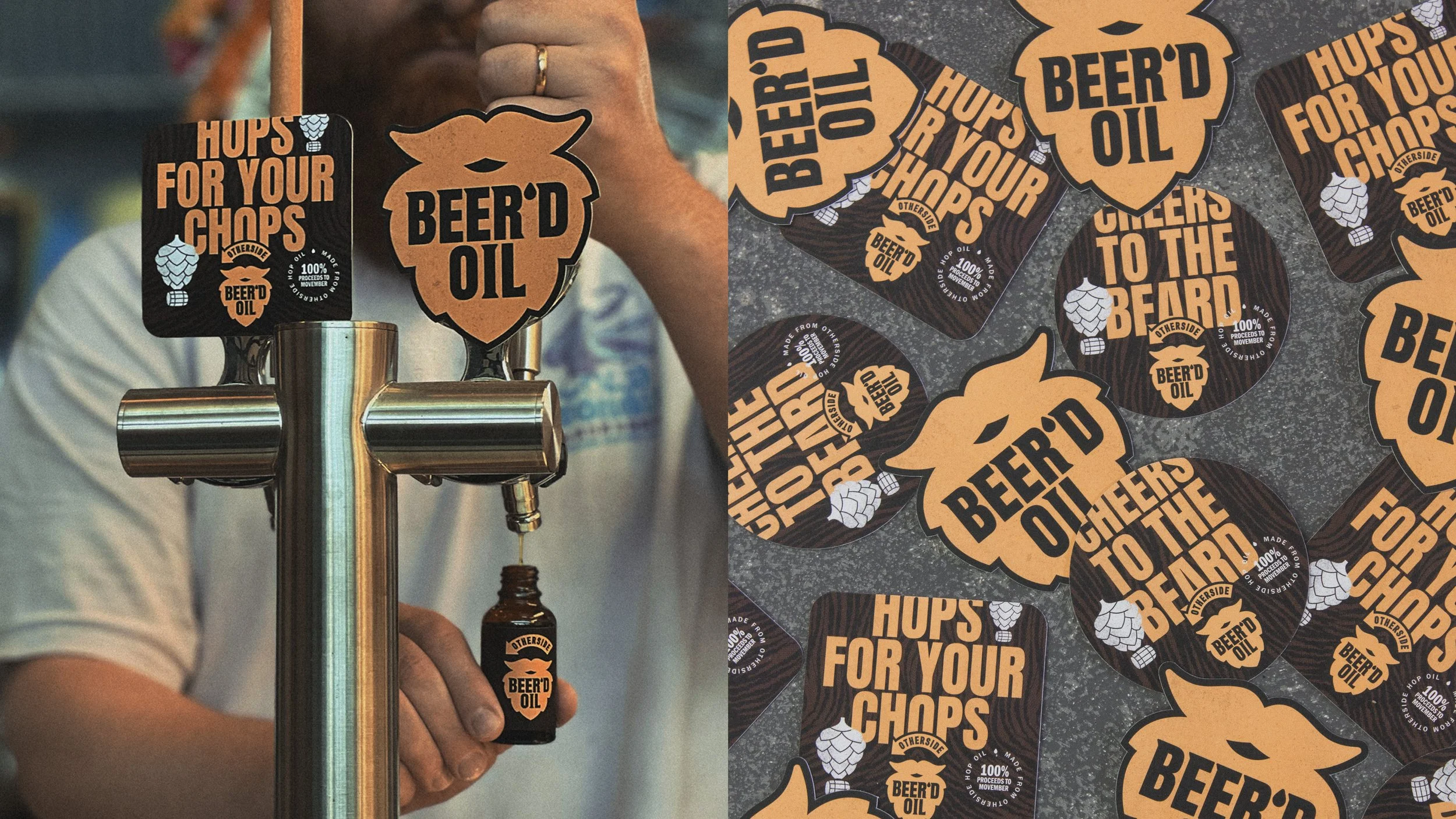 Close-up of a beer tap with a label promoting beer oil, surrounded by multiple stickers with the same label on a surface.