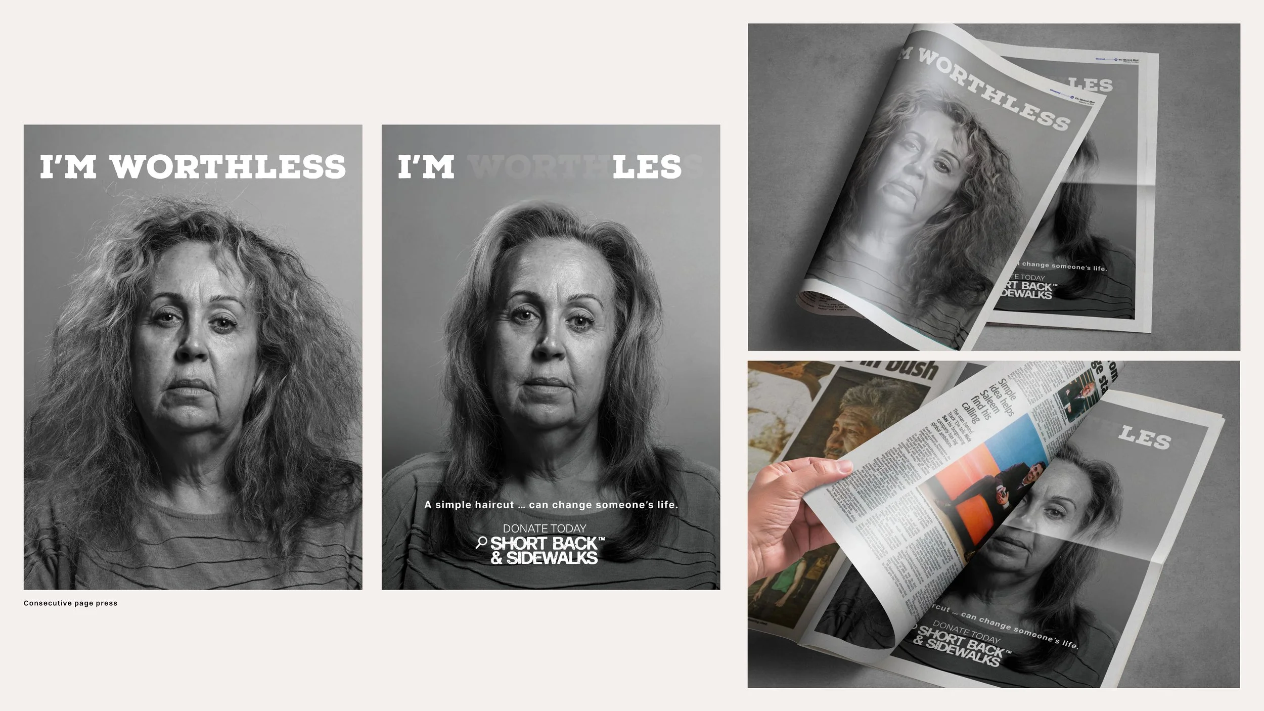 Black and white advertisement featuring before-and-after photos of a woman with text promoting a simple haircut to improve self-esteem. The ad encourages donations to SHORT BACK & SIDEWALKS charity, emphasizing the impact of a haircut on someone's li