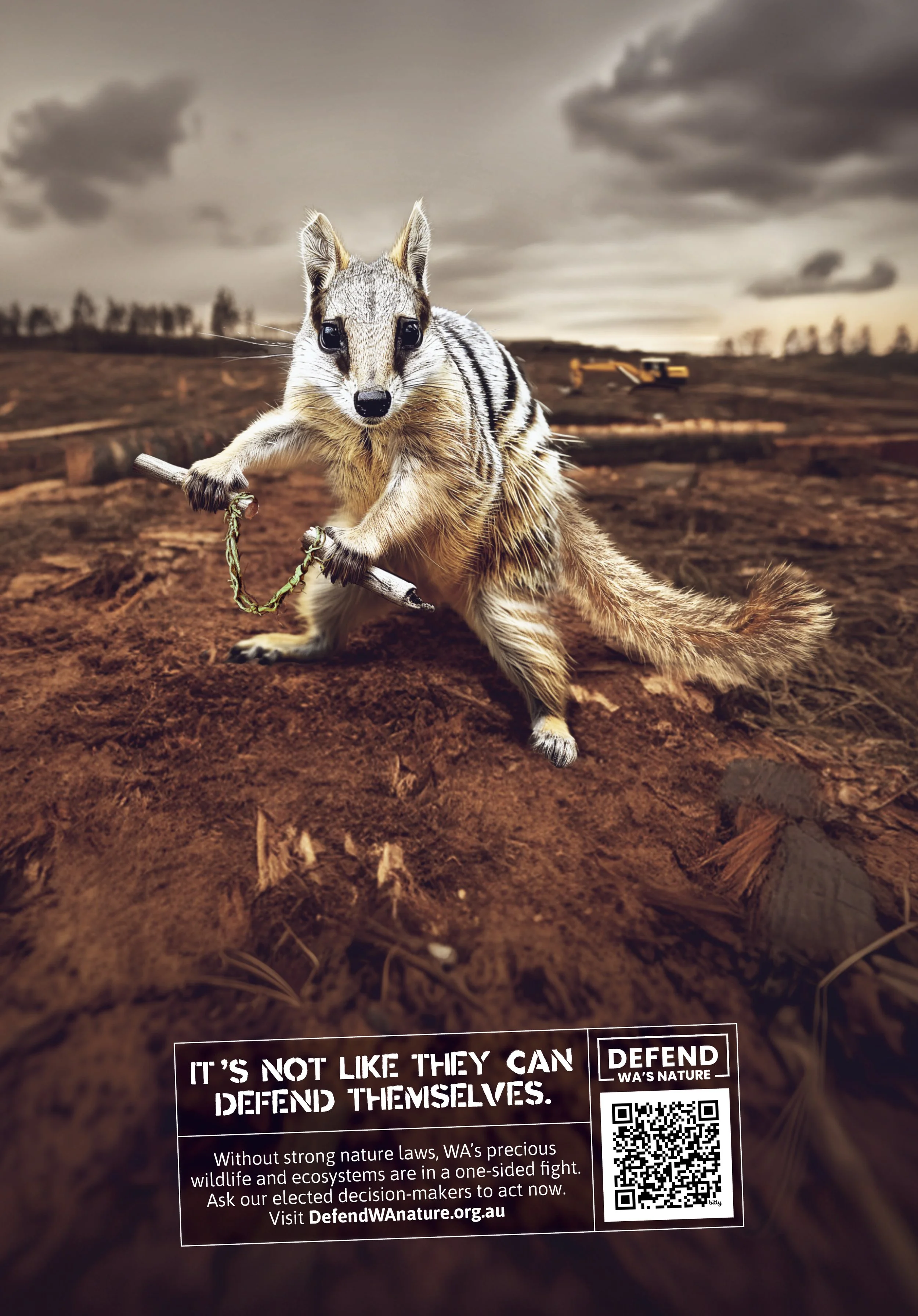 A small animal with stripes on its back and large dark eyes, resembling a rodent or squirrel, holding a stick in its paws. The background shows a cloudy sky and construction equipment on a dirt field, with a promotional message overlaid about nature 