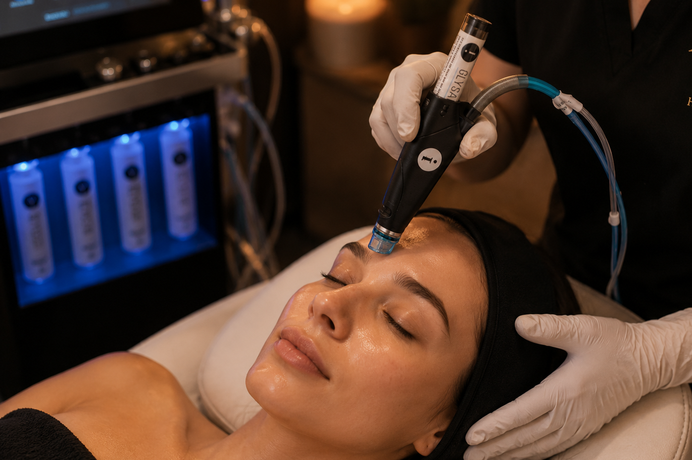 A woman receiving a facial treatment with a microdermabrasion device, lying on a treatment bed with her eyes closed in a spa or skincare clinic.