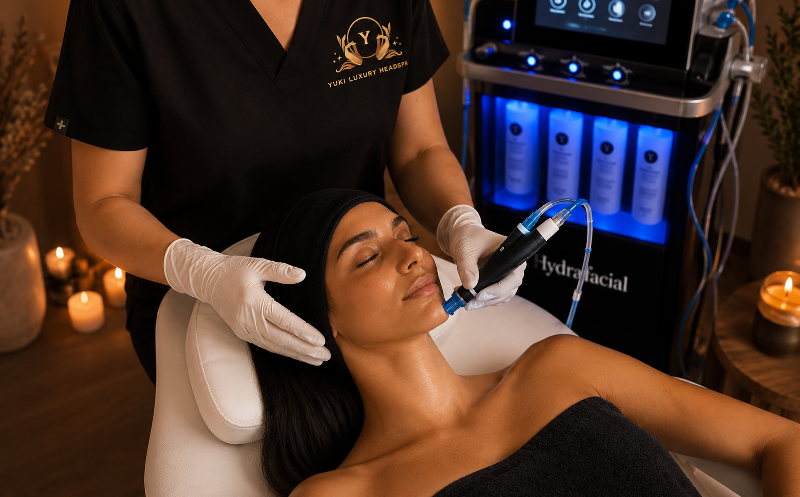 A woman receives a advanced hydrafacial treatment with a handheld device from a skincare professional in a spa setting.