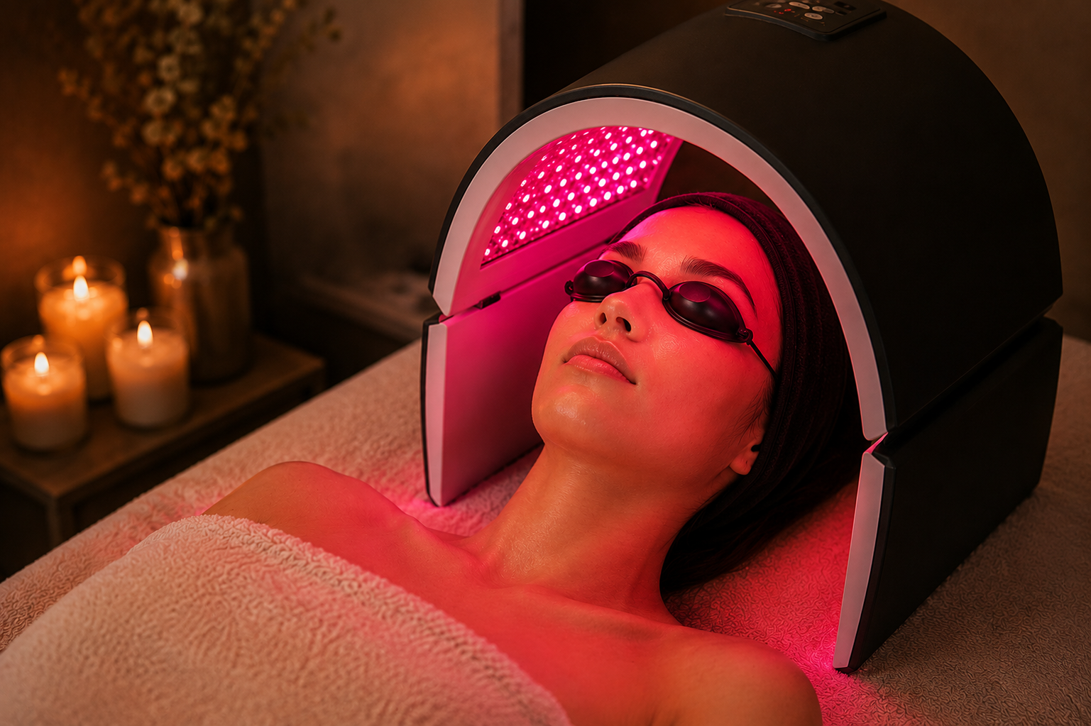 A woman lying down with her eyes closed, inside a red light therapy device, wearing protective glasses, in a spa setting with candles in the background.