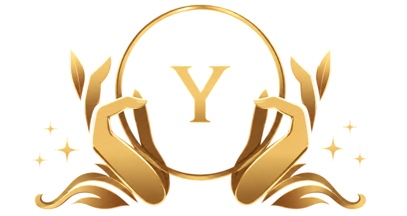 A gold emblem featuring two hands holding a circular mirror with the letter Y inside, decorated with stars and laurels.