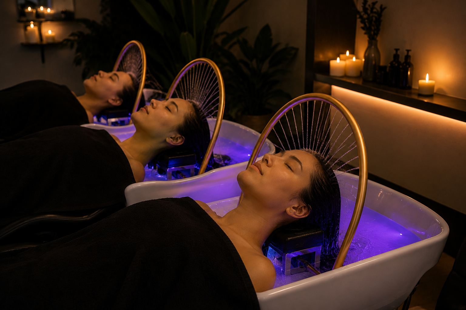 Three women relaxing with their eyes closed in a spa, receiving hair treatments in a dimly lit room with candles.