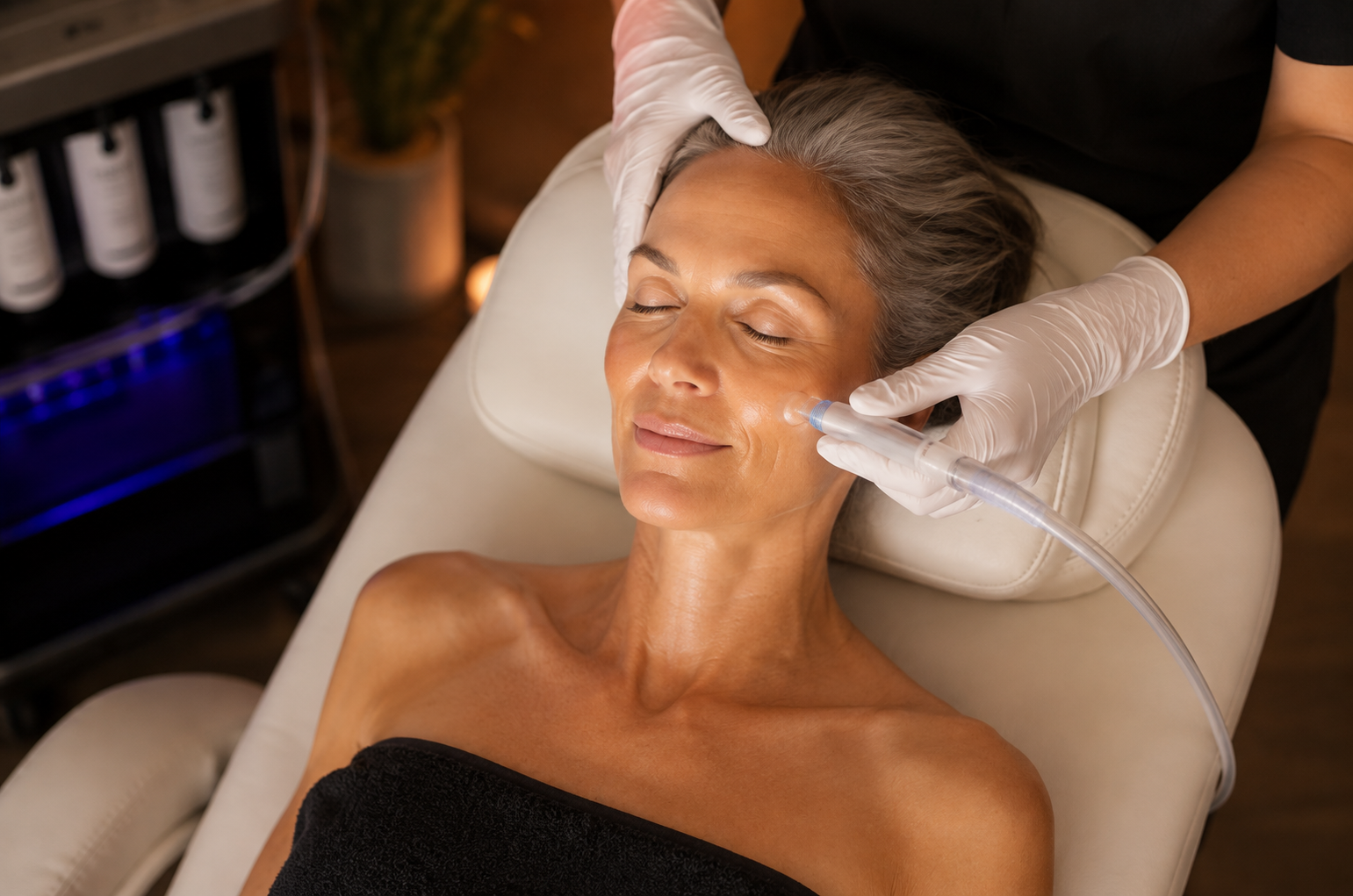 A woman with gray hair receives facial treatment with a syringe from a practitioner wearing gloves in a spa setting.