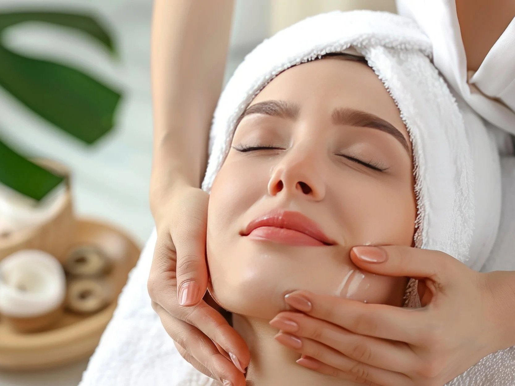 A woman lying down with her eyes closed, receiving a facial massage in a spa setting. She has a towel wrapped around her head and looks relaxed, with a serene expression.