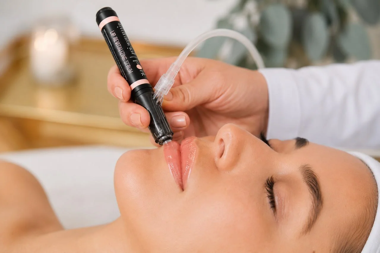 A woman receiving a lip rejuvenation treatment with a medical device applied to her lips by a practitioner in a clinical setting.