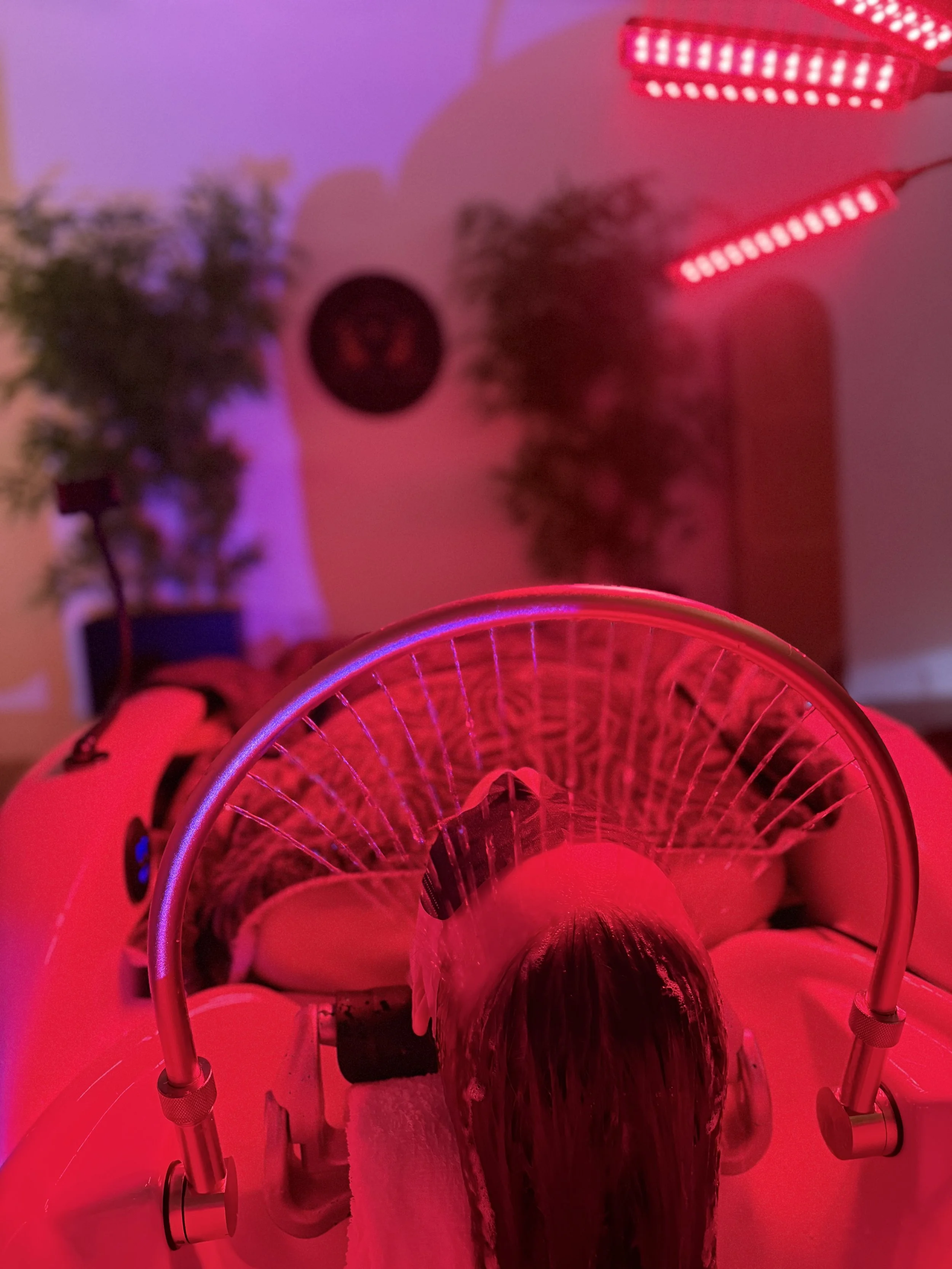 A person with wet hair is sitting in a chair under red and purple lighting, taking a selfie with a smartphone, with a mirror reflecting the scene and some indoor plants in the background.