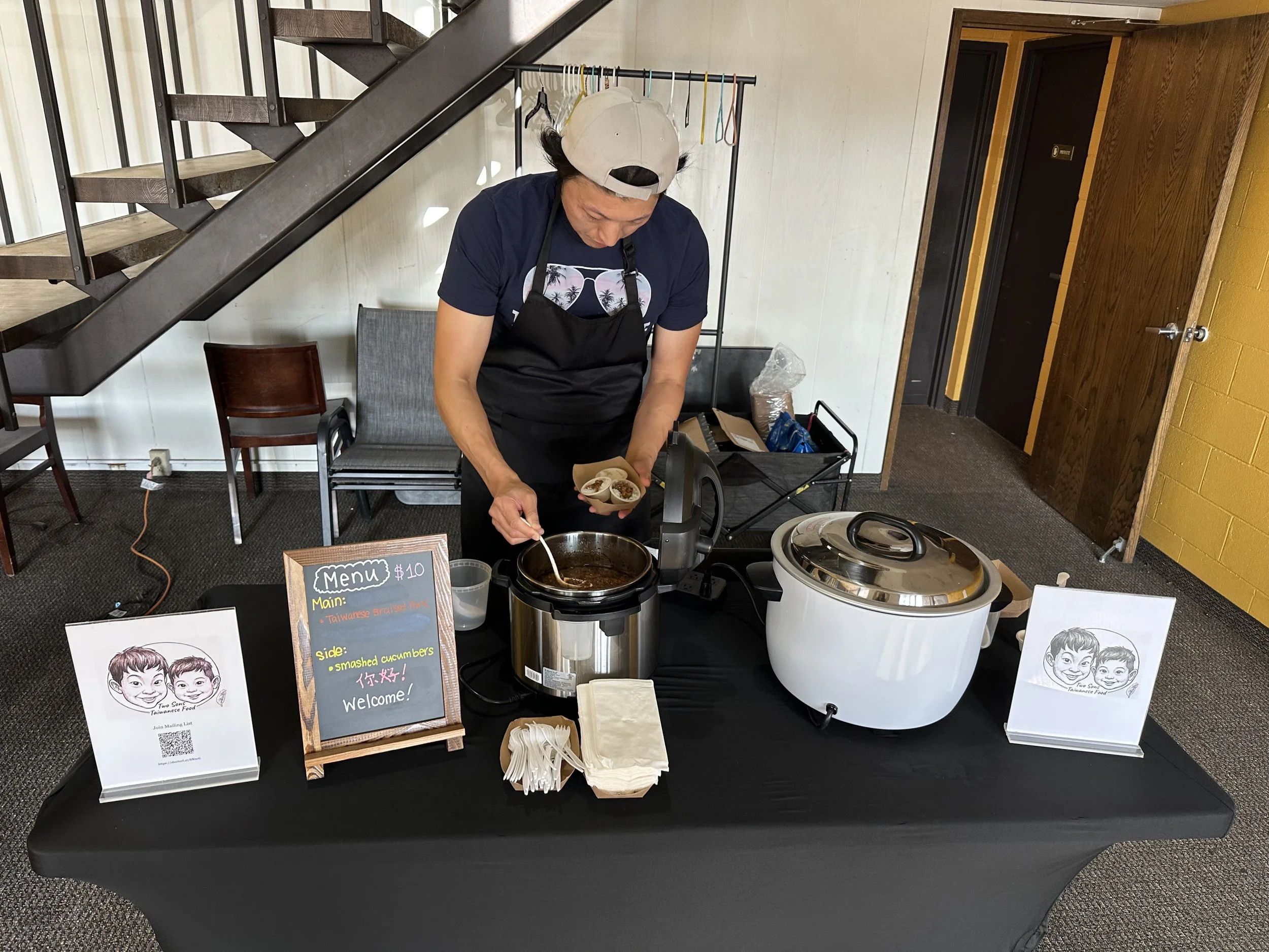 Two Sons Taiwanese Food first pop-up at a local brewery - at Falling Knife Brewing Company - sharing samples of Taiwanese braised pork and selling the bian dang. 
