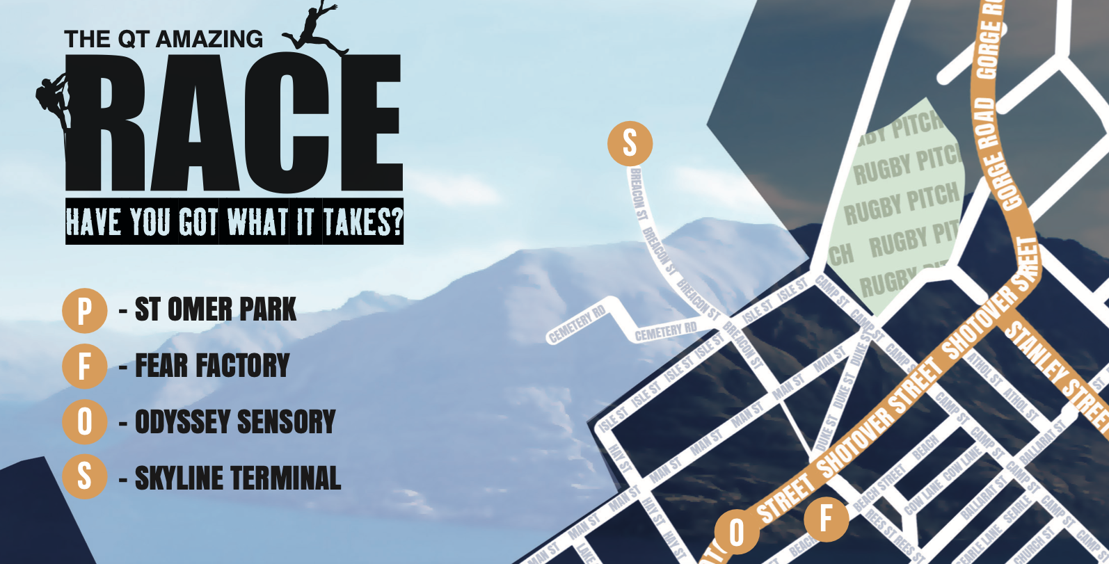 A map of a mountain race route overlaid on a mountain landscape background. The route includes streets such as Beacon Street, Cemetery Road, Isle Street, Camp Street, Main Street, Beach Street, and Stanley Street, marked in white and orange. The map features a large title, 'The QT Amazing Race,' with the tagline 'Have You Got What It Takes?' and a legend indicating four key locations: St. Omer Park, Fear Factory, Odyssey Sensory, and Skyline Terminal, each marked with a gold circle and corresponding initials.
