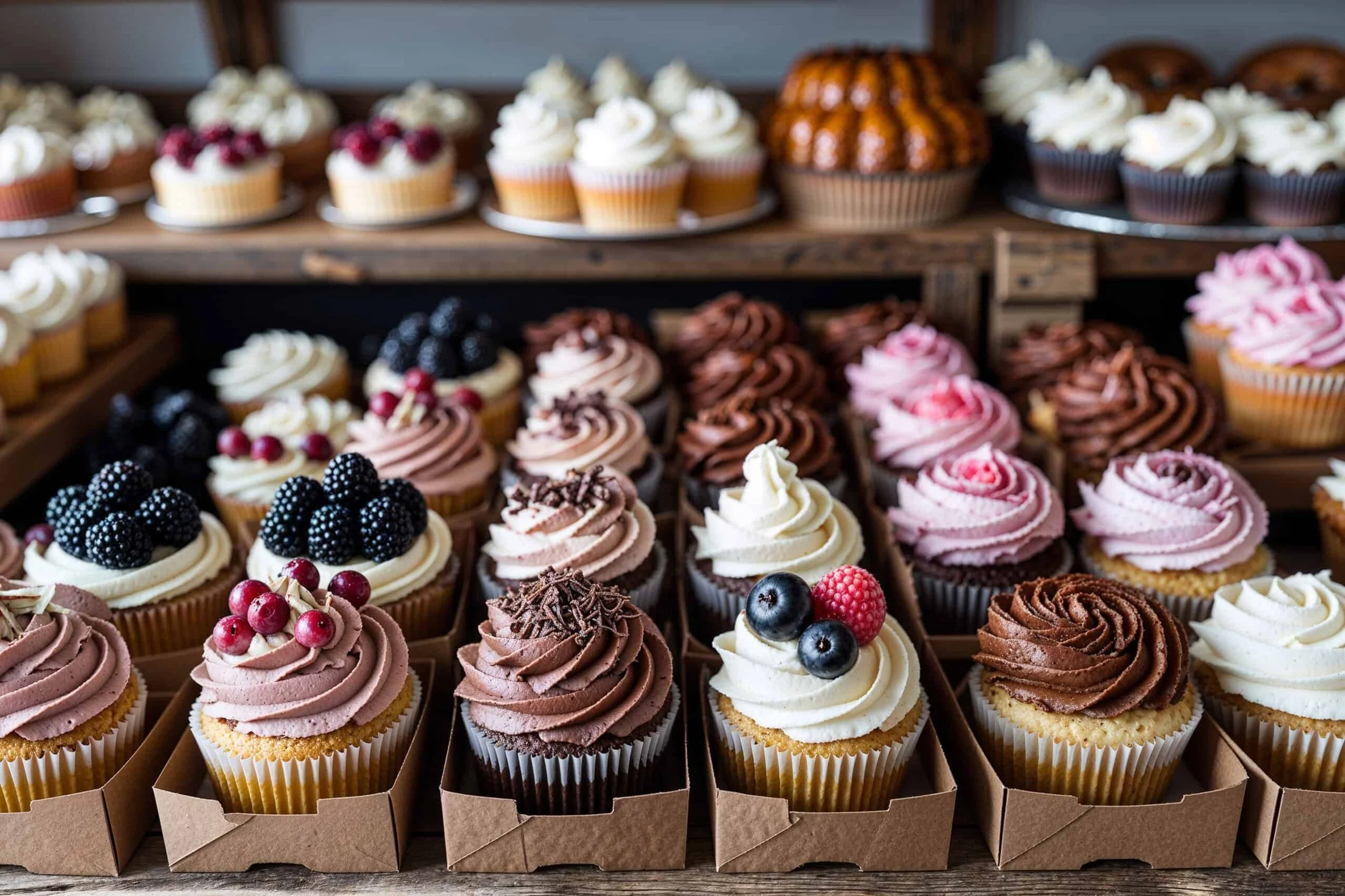 Assorted cupcakes with different frosting flavors and toppings, arranged in decorative paper cups on display at a bakery.
