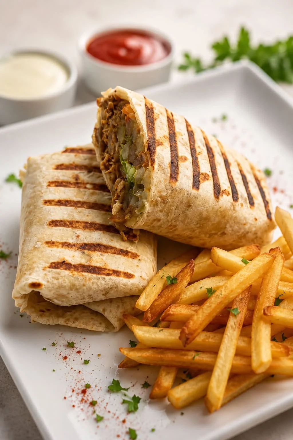A quesadilla cut in half served with French fries and condiments in small bowls in the background.