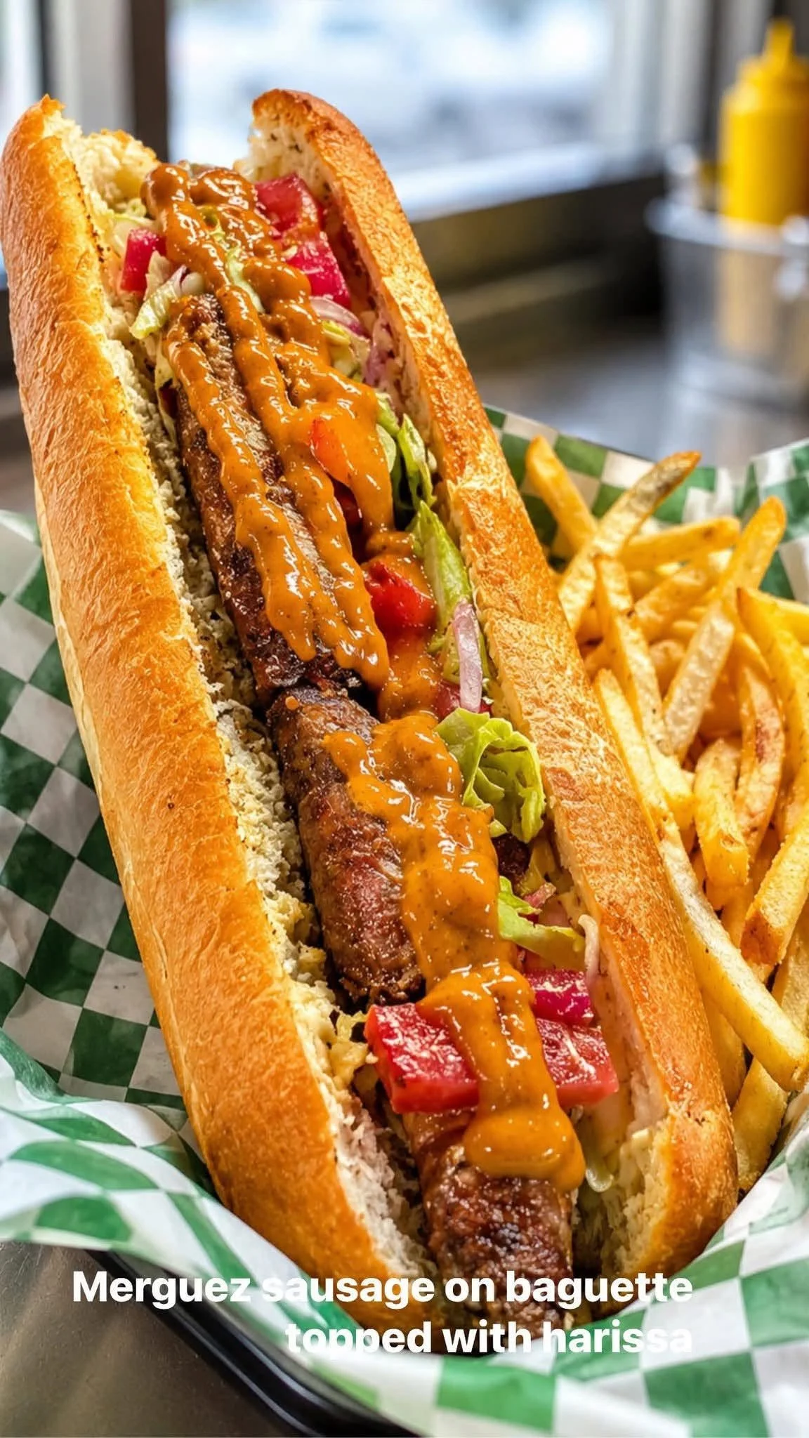A sausage on a baguette topped with sauce and garnished with vegetables, served with French fries in a basket lined with green and white checkered paper.