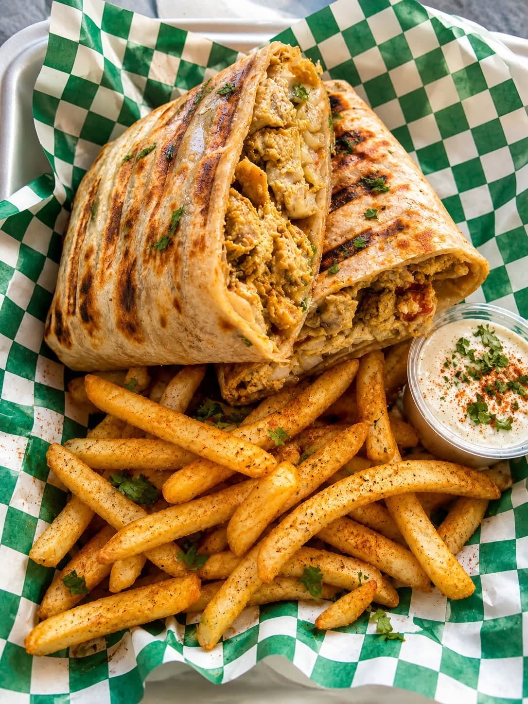 Philly cheesesteak wrap with French fries and a side of dipping sauce.