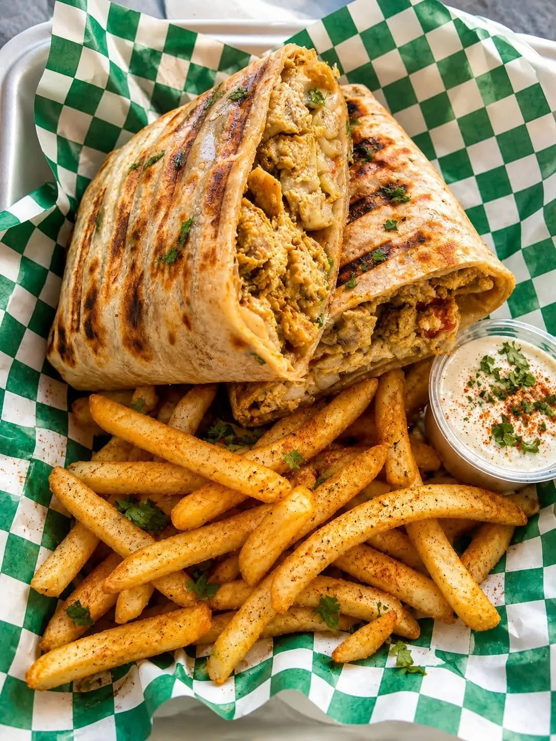 A burrito sliced in half, with visible fillings of seasoned meat, rice, and vegetables, served with French fries seasoned with spices and a side of sour cream garnished with parsley.