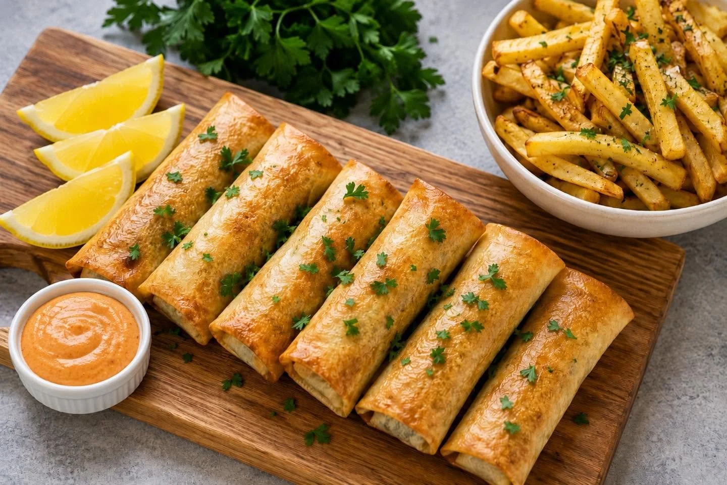 A wooden platter with six golden-brown spring rolls garnished with parsley, lemon wedges, a small bowl of orange dipping sauce, and a bowl of seasoned French fries with parsley.