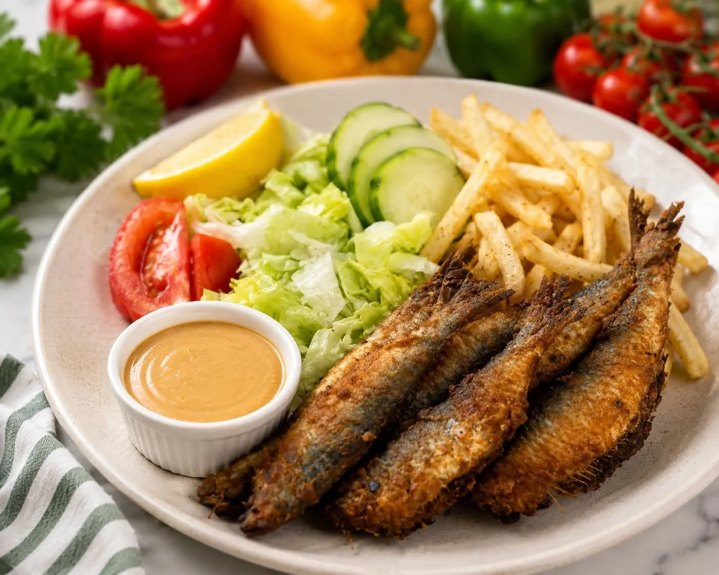 Plate with fried fish, French fries, fresh salad with lettuce, tomato, cucumber, lemon wedge, and a small cup of dipping sauce, surrounded by fresh tomatoes, bell peppers, and parsley.