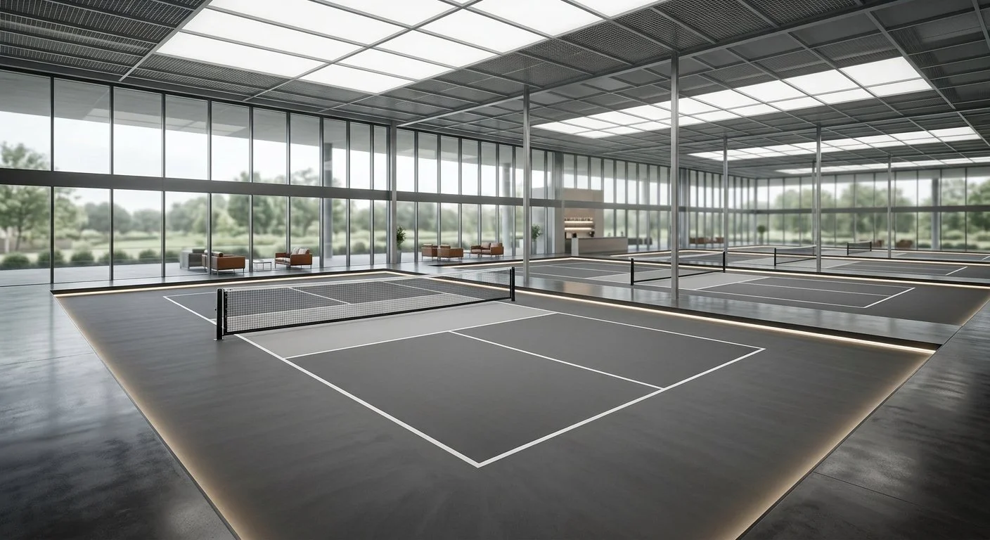 Indoor tennis courts in a modern, spacious building with large floor-to-ceiling windows and natural light.
